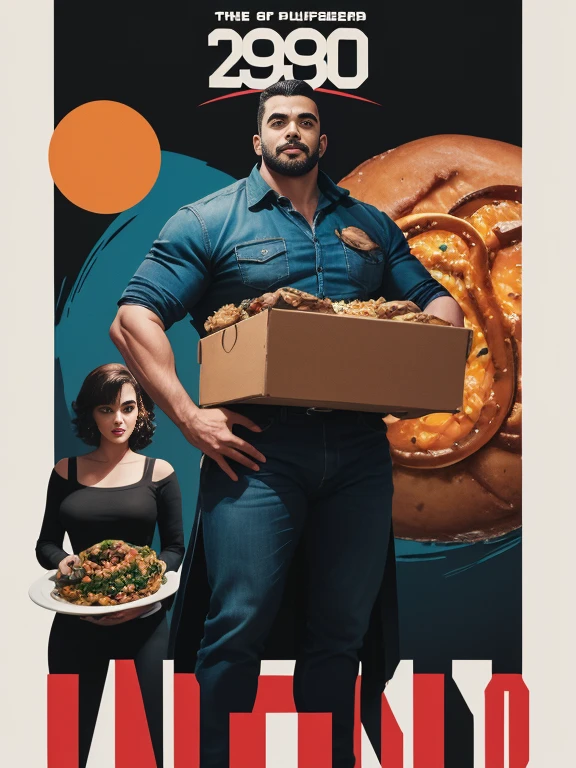 1980s \(style\) retro movie poster, skinny latin boy, (two hairy gay men with grins:0.9), huge black text, poster art, food theme, strong, bold inking techniques, professional design, This bold inking style adds to the overall dramatic and visually striking aesthetic.