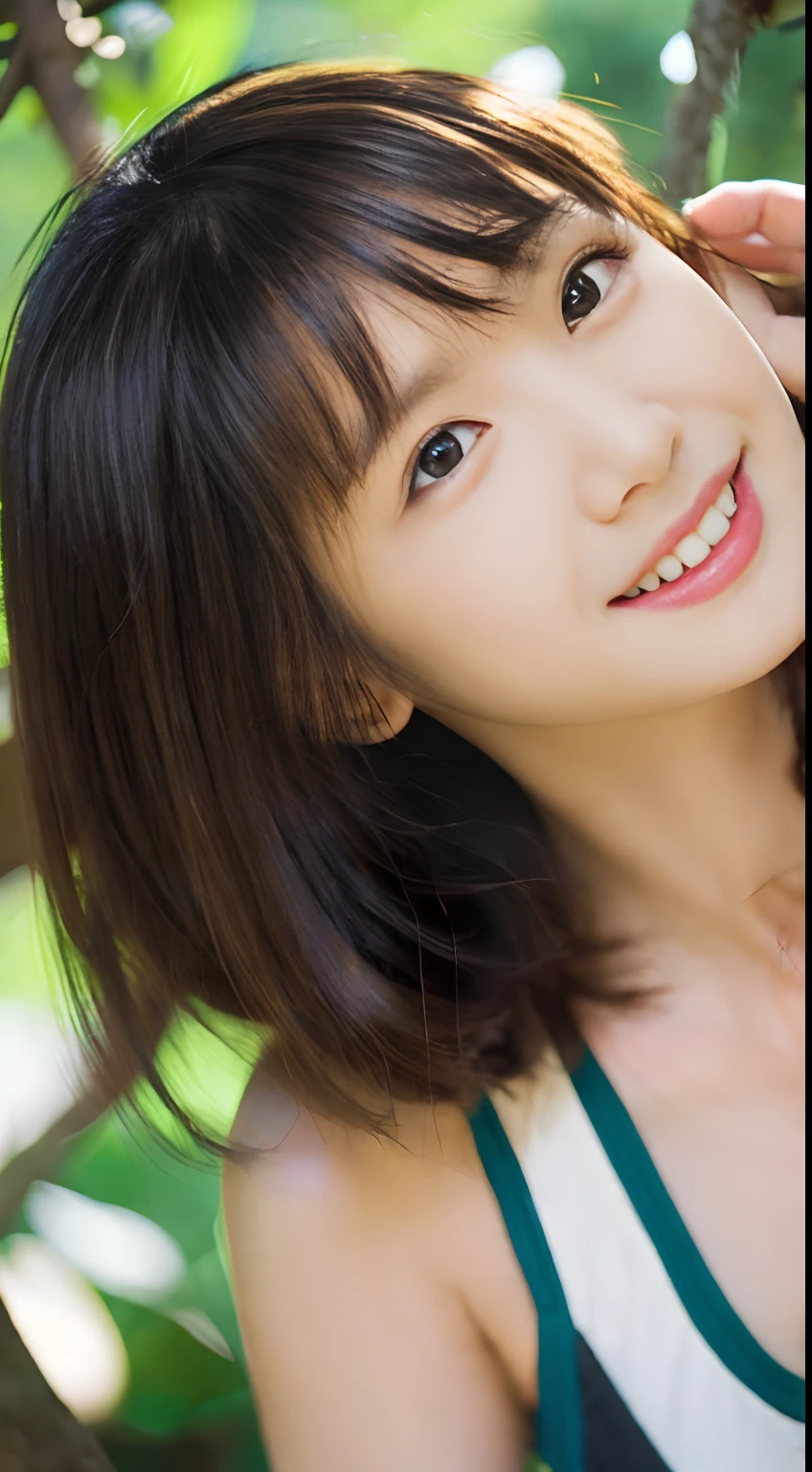 (masutepiece), (Best Quality), (Super Detail), (disheveled hair), (Illustration), (1 girl), (interview), (Brief background), Beautiful detailed eyes, Delicate beautiful face, floating, (High color saturation), (shine), Focus on the whole body，Black hair, Bangs, Full smile, Floating hair. girl, Maiden in Love, pixiv illustration, of the highest quality, Smile, clever, Beautiful face, 4K, Nature, The tree々Sunlight coming in from between,