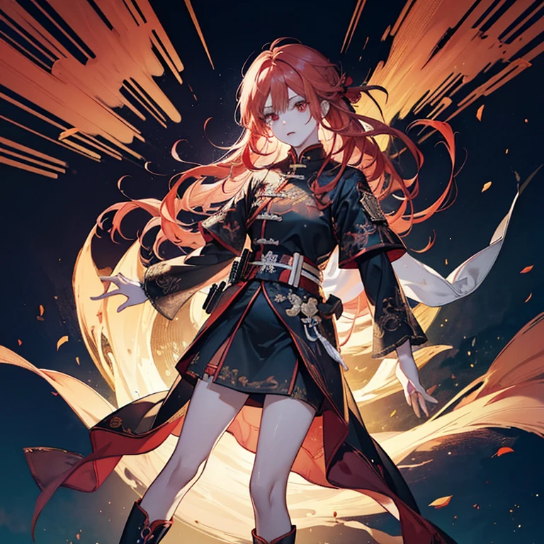 1 boy, 独奏, peach hair, light red-haired guy, straight hair, Loose straight hair, red eyes, Shirt, high boots, light clothing, subject "Scandinavia", Scandinavian clothing, looking a viewer, Fantasy art, beautiful painting, Guwaika style, epic exquisite character art, stunning character art, ember, lean (reference sheet:1.5)