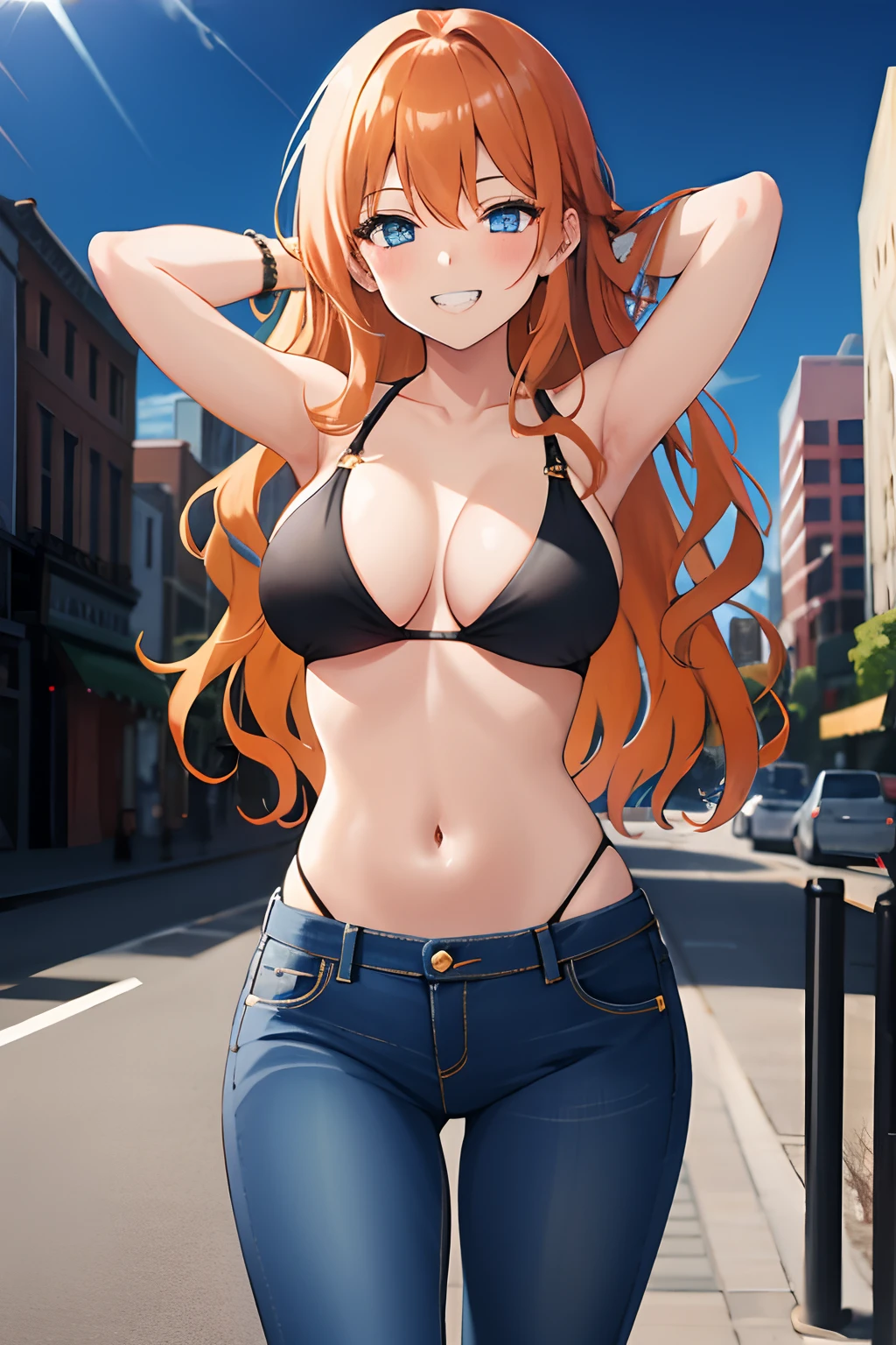 one girl, long wavy hair, orange hair, dark blue eyes,big breasts,(seductive smile,clenched teeth),black bikini top only,denim jeans,(hands behind head),city,pov from front,shining body,solo focus