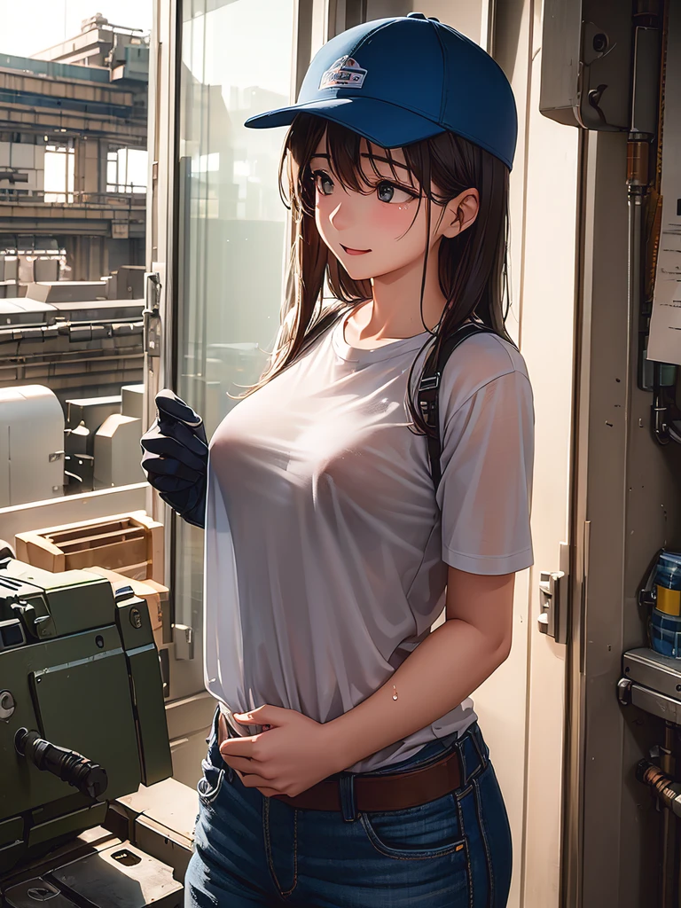 (longshot、Looking away, high-detail、inside factory)、Small breasts、The T-shirt was very wet and stuck to my chest.、Bra shows through、Female worker looking at shirt with concern、wearing hat、gloves、Shy laughter、Protective goggles