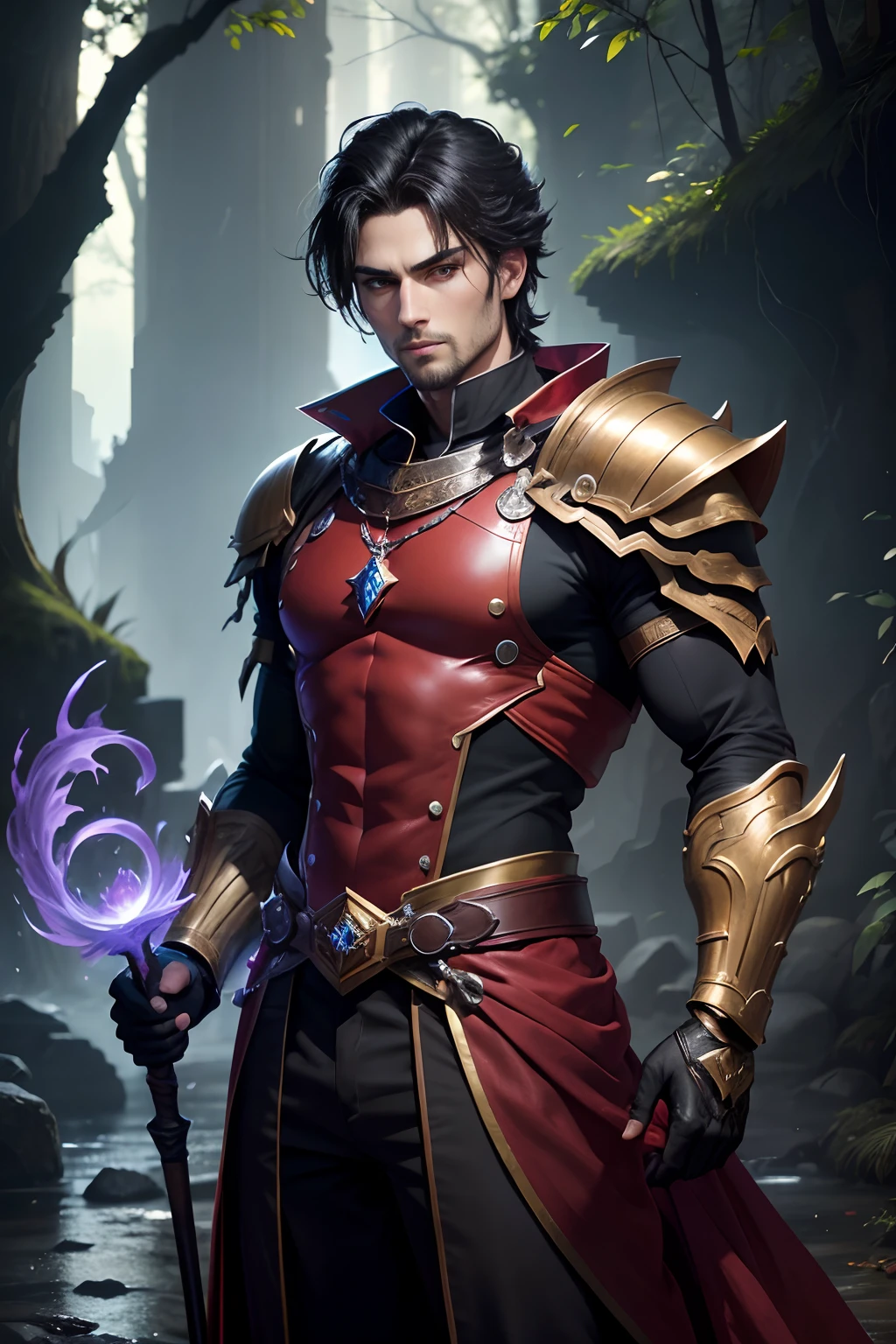 8K,Photorealsitic, Raw photography, top-quality;1.4) , (One adult male), Super handsome without a beard, (Lifelike face), long blue-black hair, Handsome prince with glowing purple eyes, Black and silver aristocratic exterior, Black and gold trousers, Golden decoration, glares, holding a staff, Wearing black leather gloves, Ruins, Gwaitz style, realisitic, Precise details, unrealengine, Beautiful expression, Details of each part, A red fireball glows in the palm(effect), 超A high resolution, A hyper-realistic, attractive male, Foot Armor, real looking skin, Fantasy Emperor, Handsome man, wind magic, water magic, forest at night, stars in the sky, short hair, goatee,