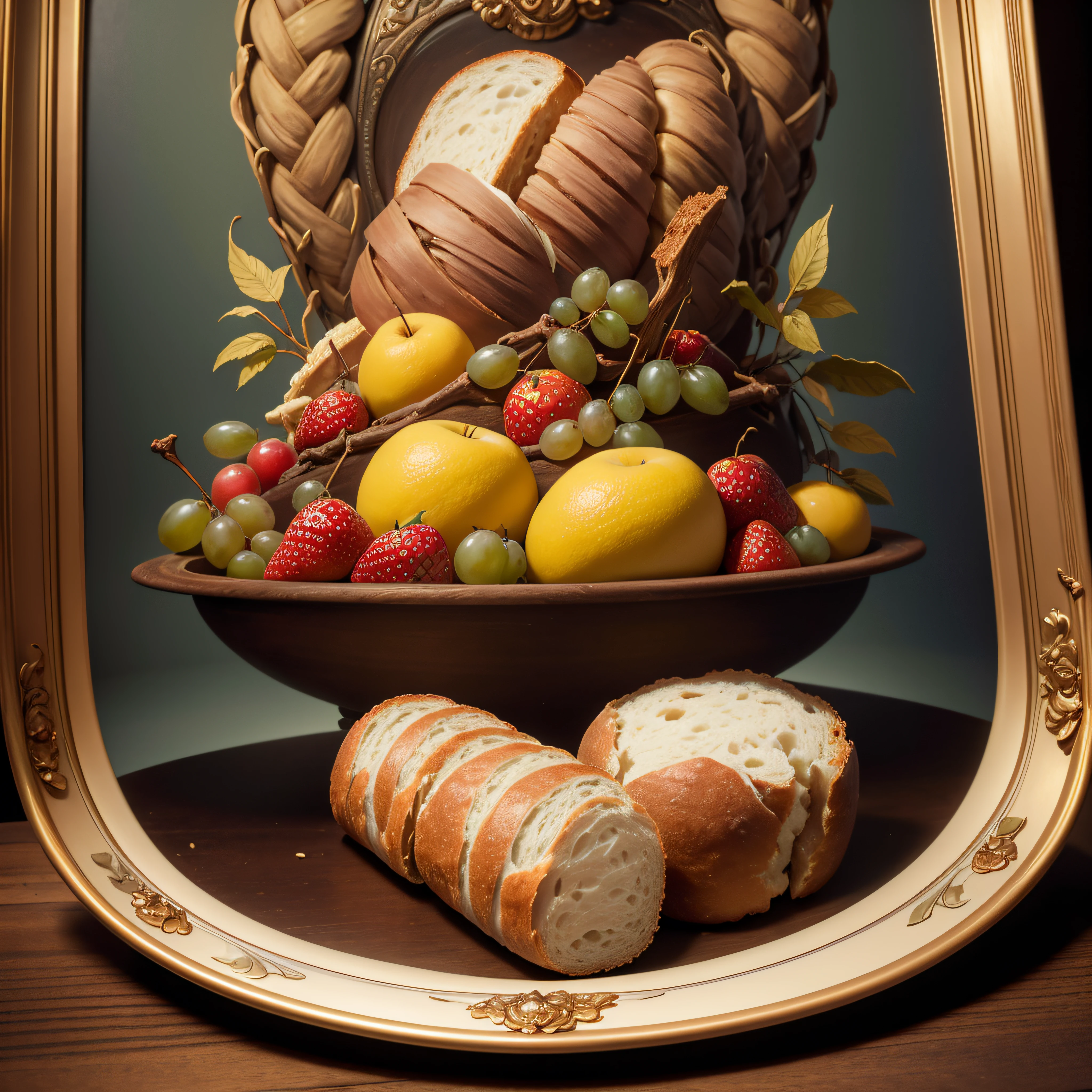 painting of a still life of fruit and a plate of bread, renaissance still life painting, still life painting, classicism oil painting, a still life, still life, by Emanuel de Witte, classical oil painting, masterpiece oil painting, baroque oil painting, extremly detailed oil painting, harvest, american realist, chiaroscuro oil painting, fine art oil painting