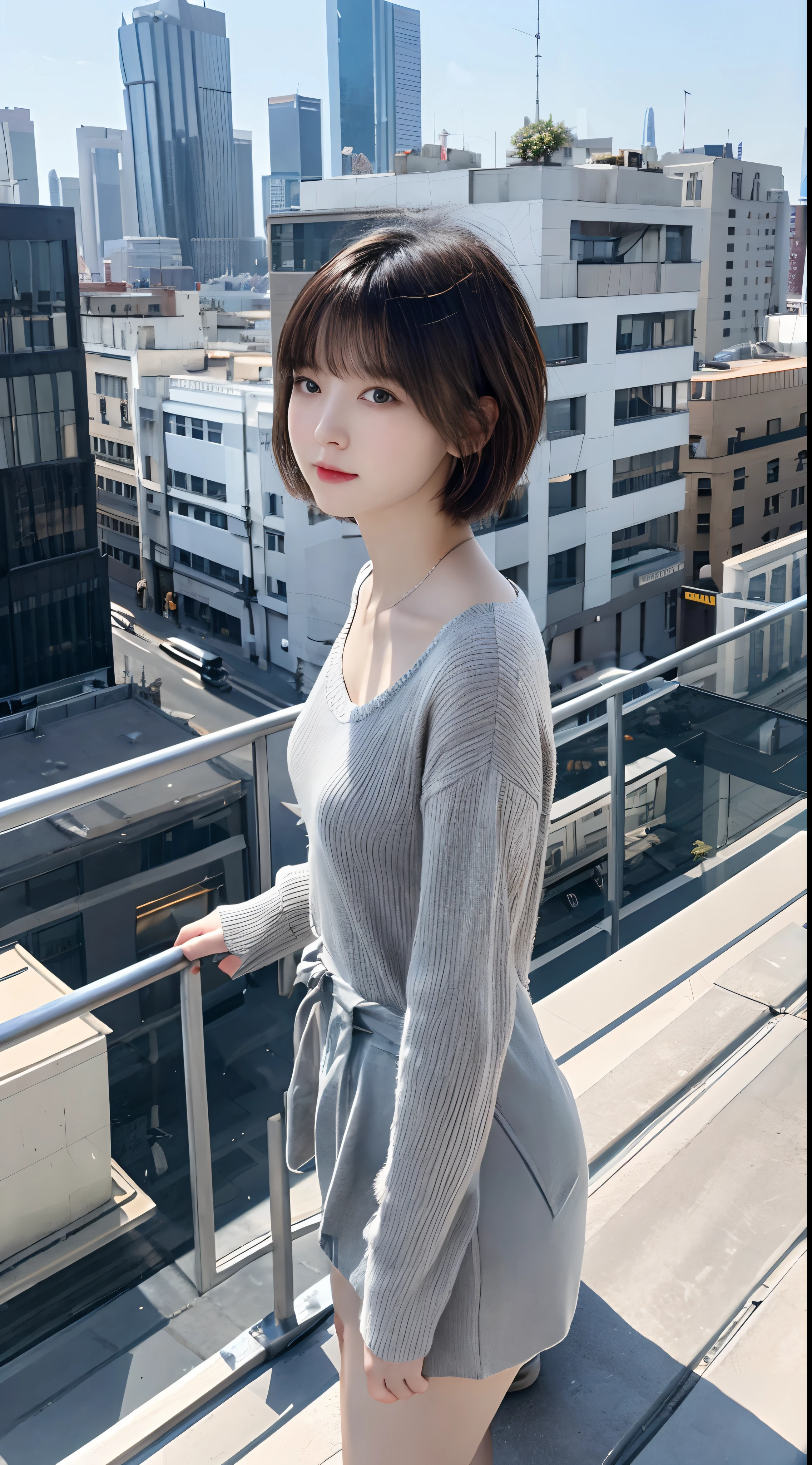high detailing, Clarity,Super beautiful woman image, younggirl, 18 years old, Light gray hair, Short haircut, Yellow eyes, Stand on top of a building, Realism, Fantasy,fully body photo、Urban cityscape,