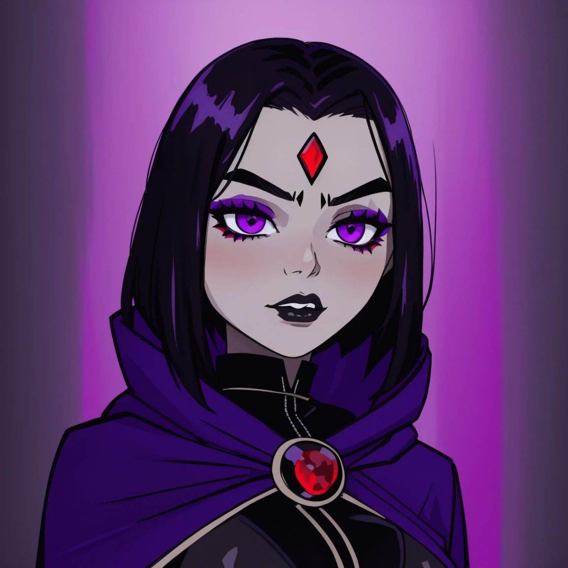 Raven, teen titans, hooded, goth girl, autumn forest background, detailed, detailed, detailed, beautiful, detail, goth girl, masterpiece, purple clothes, red jewel centre head, dark night background, gothic, goth, goth, detailed, goth girl, piercings, detailed face, looking viewer, raven, (Dark eye shadow) dark eye shadow, black eye shadow,