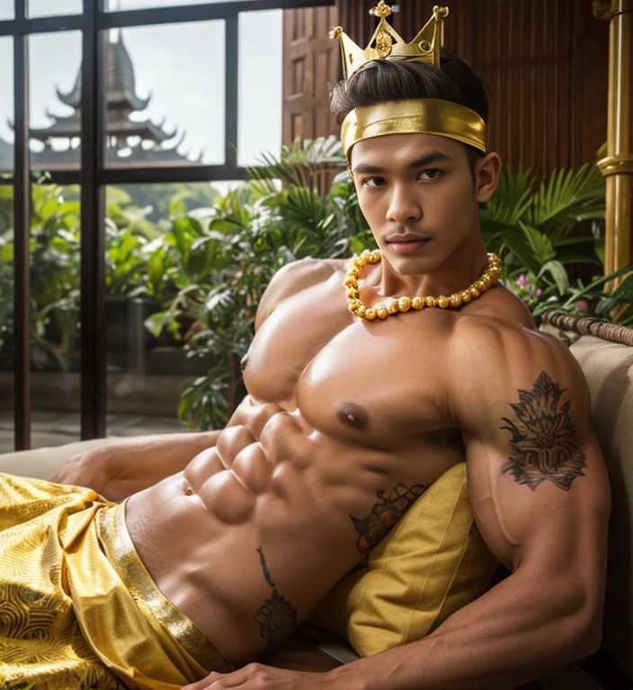 masuter piece、well built、jefri nichol a javanese Male、、Hot Guy、lite moustache, muscular、macho、wearing majapahit kingdom costume, gold head band, gold shoulder band, gold necklace, gold crown, hair bund,  long-haired、Fade Cut、bodybuilder, Large body、low angles、Real texture、wear sarong batik,