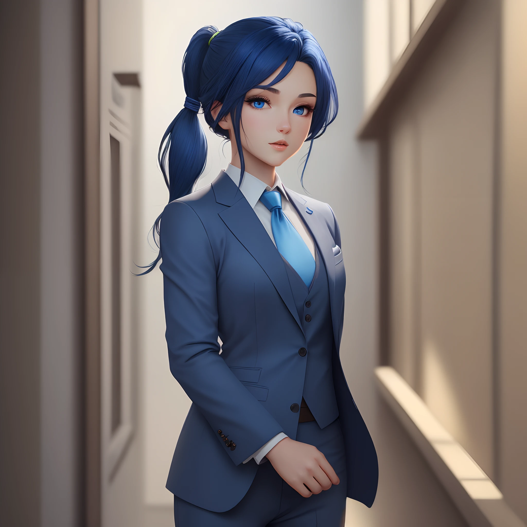 1 Human female character, dark blue hair in a pony tail, light blue skin, blue eyes, wearing a suit