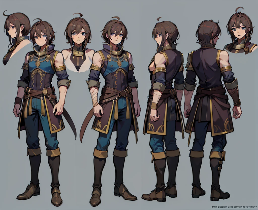 1male, reference sheet, Suitable equipment, (fantasy character design, front, backboob, sides, Left, Right, upward, down) Alaric. tall and muscular, Rugged Exterior, showcasing his life as a seasoned warrior. Deep Blue Eyes, piercing tanned skin. Long, Loose dark brown hair, often lying under a sturdy helmet;. Several scars on his arms and chest, Reminders of battles and victories. Team Presence, Exuding strength and determination. (Masterpiece:1.2), (Best Quality:1.3).