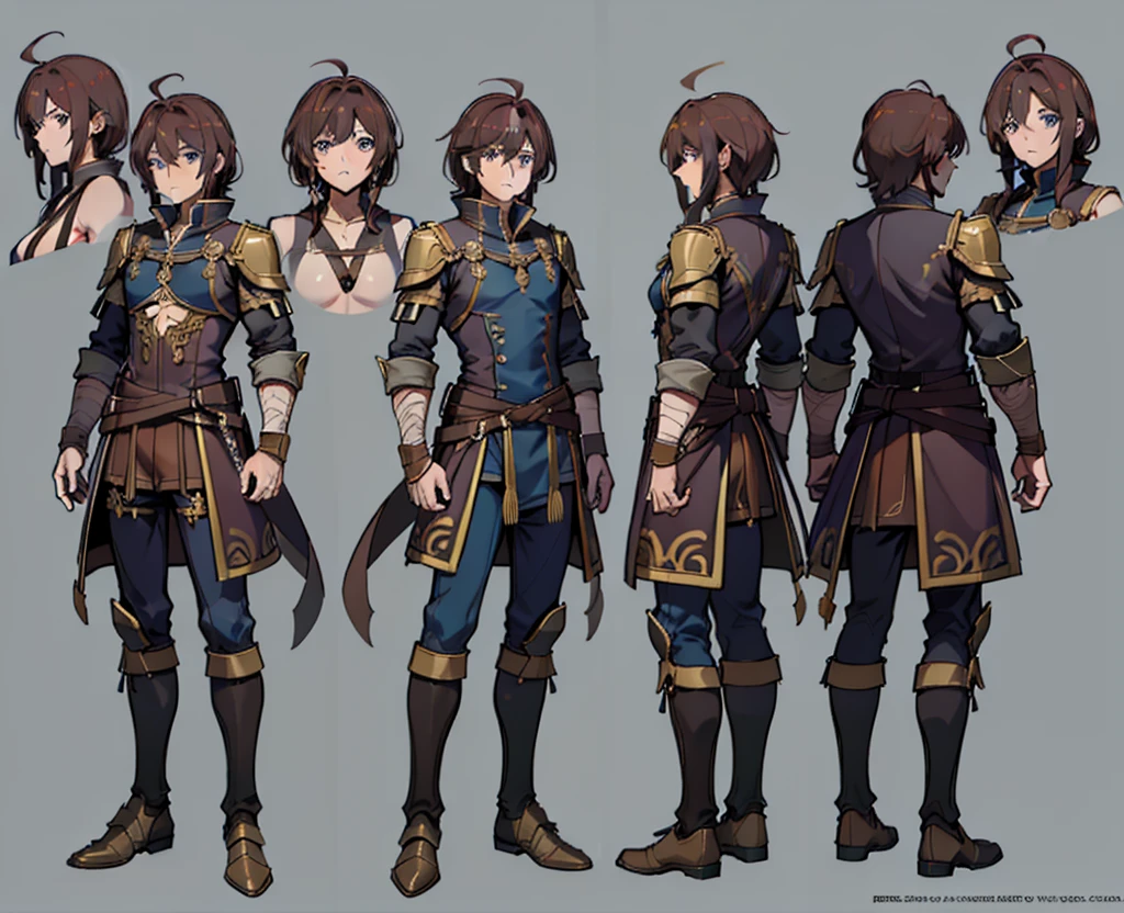 1man, reference sheet, matching outfit, (fantasy character design, front, back, sides, left, right, up, down) Alaric. Tall and muscular, rugged appearance showcasing his life as a seasoned warrior. Deep blue eyes piercing through tanned skin. Long, flowing dark brown hair often resting beneath a sturdy helmet. Several scars on his arms and chest, reminders of battles fought and won. Commanding presence, exuding strength and determination. (masterpiece:1.2), (best quality:1.3).