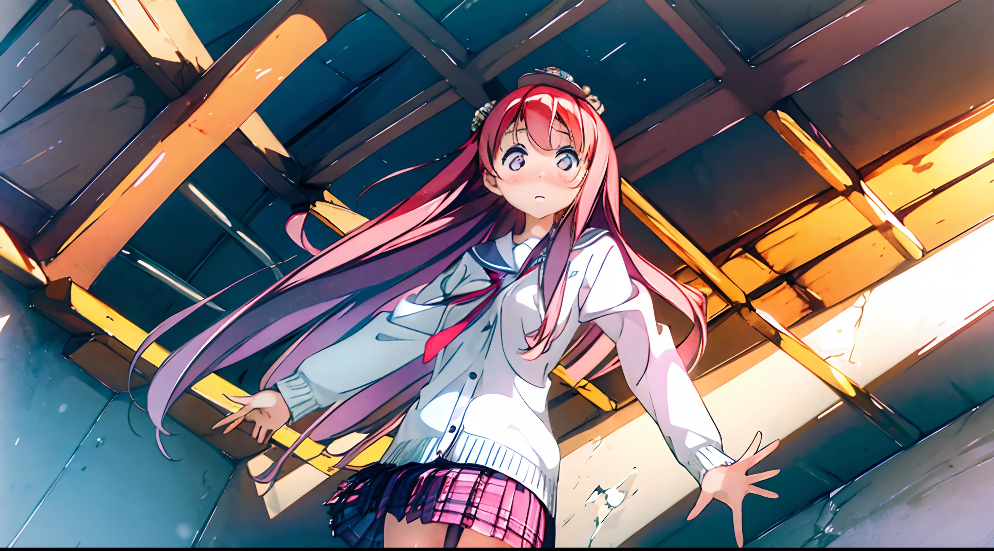 An image captured with the LOMO Helios92 92mm f2 lens. dutch angle shot::1.5,low angle,An upper body portrait of a light smiley anime high school student girl with a two-tone lavender-colored long hair::1.5.hair blowing in the wind,blazar, jacket, pleated_skirt,she is strolling through the streets of Vienna,Bright and pale pop color lighting enhances the depth of the scene.