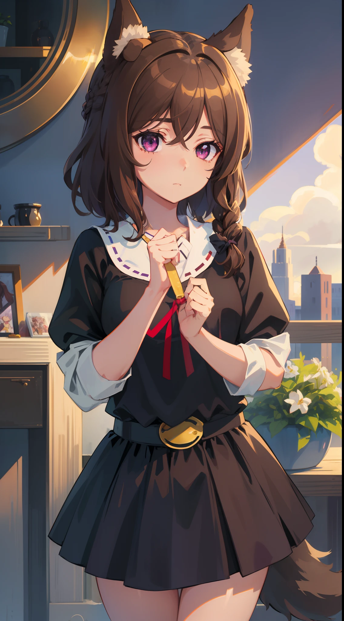 1girl, solo, (masterpiece, best quality:1.4), extremely detailed face, perfect lighting, nice hands, perfect hands, naaza erisuis, naazadef, hair between eyes, dog ears, dog tail, dog girl, brown hair, short hair, braid curly hair, purple eyes, in frame, centered, black skirt,