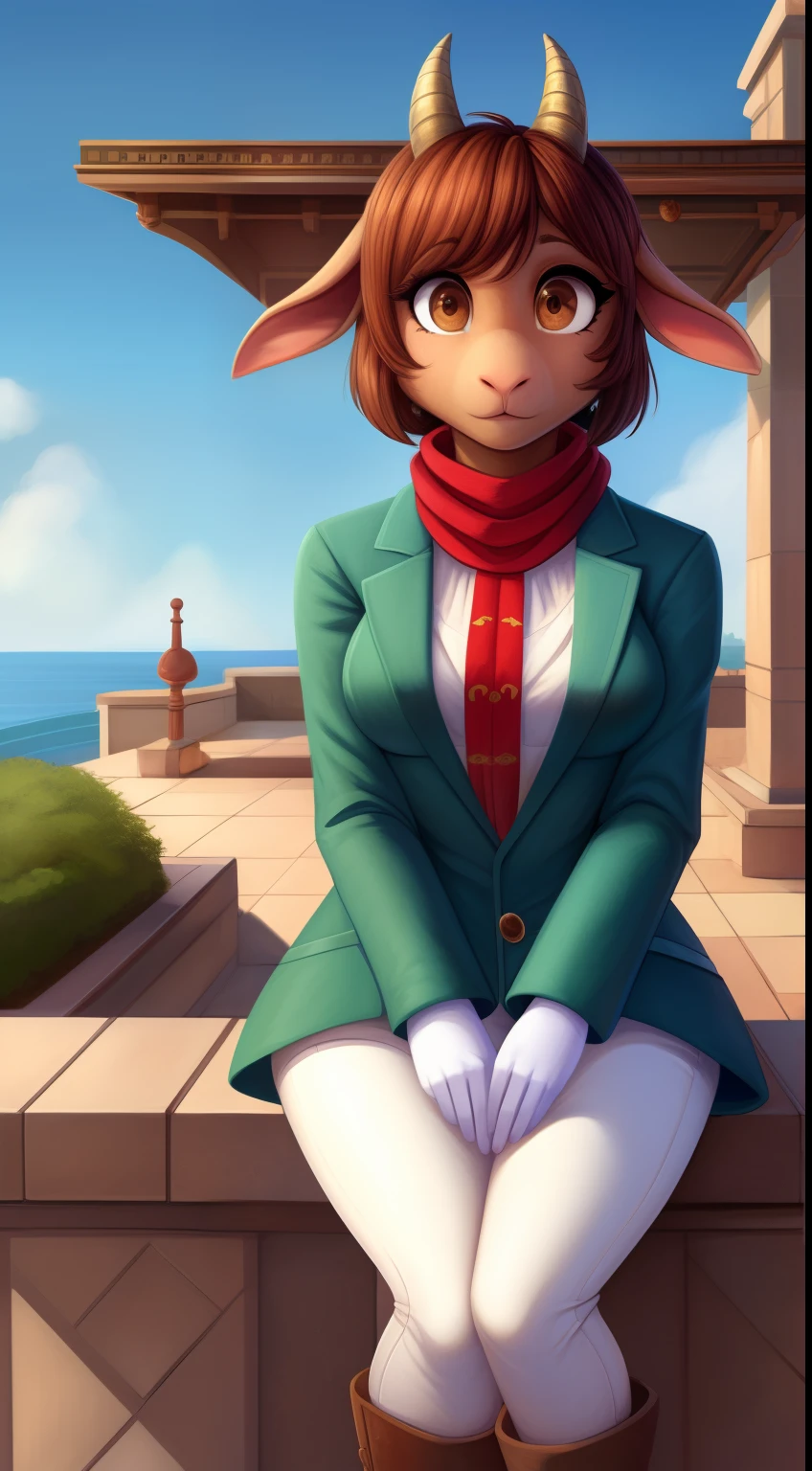 goat(furry),female,masterpiece, best quality, beautiful details, watching the landscape from a terrace, garden, oriental city, port, brown skin, brown hair, short hair, short messy hair, long ears, floppy ears,medium breasts , thick legs, wide hips, red scarf on the neck,bzeh art style,long snout,goat,goat,goat,goat eyes,face closeup,face focus,no horns,wiouth horns,female,young,neck scarf, brown skin, very short hair, small earring, red gloves, horizontal pupils, line pupils,nude,naked,nsfw,nipples,