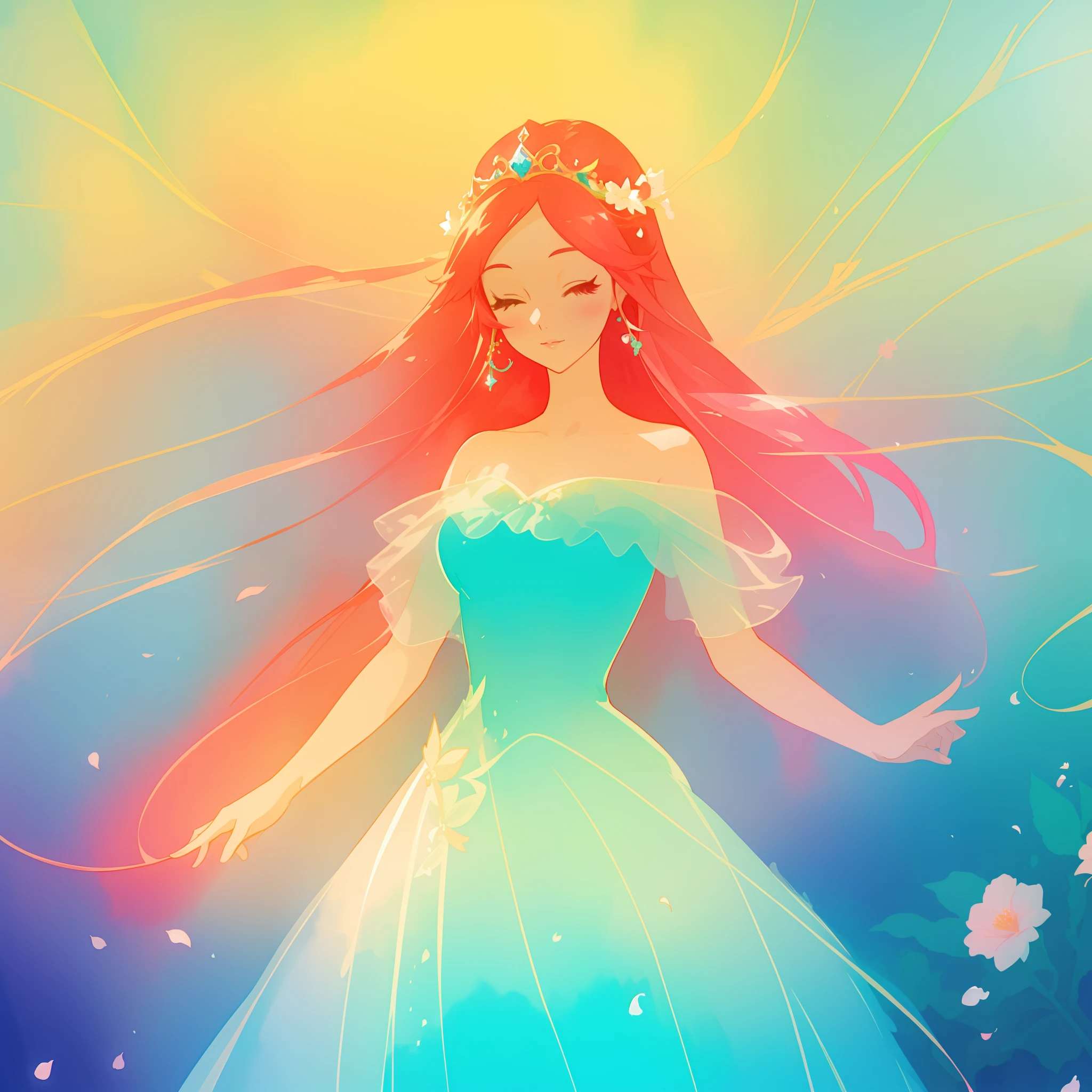 beautiful girl in flowing blue mint princess ballgown, long flowing red pink hair, colorful fantasia background, watercolor illustration, disney art style, beautiful digital illustration, fantasia otherworldly landscape plants flowers, beautiful, masterpiece, best quality, anime disney style