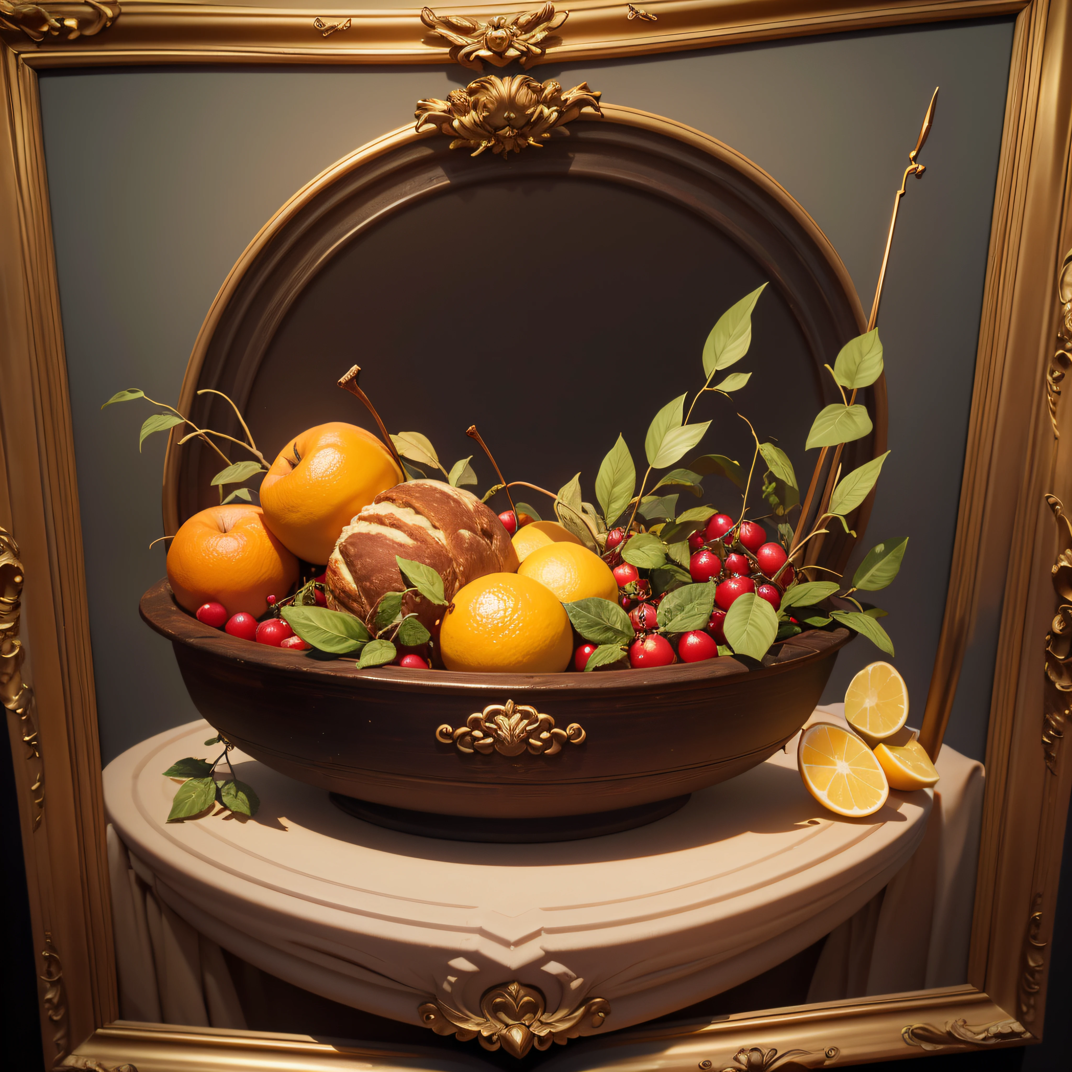 painting of a still life of fruit and a plate of bread, renaissance still life painting, still life painting, classicism oil painting, a still life, still life, by Emanuel de Witte, classical oil painting, masterpiece oil painting, baroque oil painting, extremly detailed oil painting, harvest, american realist, chiaroscuro oil painting, fine art oil painting