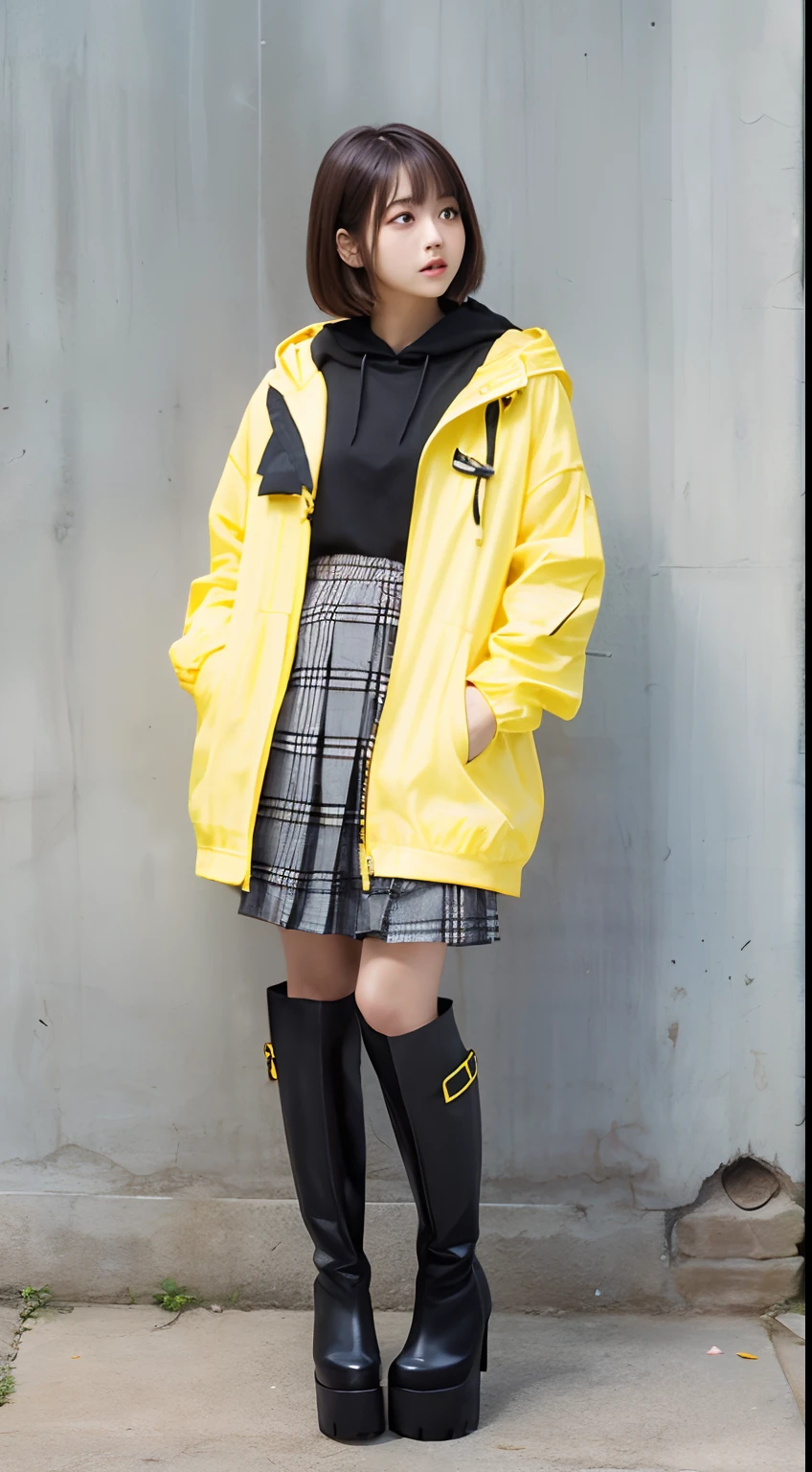 top quality,16K, masterpiece, beautiful high school girl, Light brown beautiful bob hair, Light brown beautiful eyes, plum breast, standing open legs, BREAK (yellow theme:1.4), (oversized and baggy yellow outerwear:1.3), (fusion of yellow windbreaker and yellow hoodie:1.4), (yellow Nylon:1.4), ((zipper, large pocket):1.3), BREAK (black and white plaid-pattern pleated-skirt:1.2), (black platform HIGH boots:1.2), <expressioness、illuminating、Other Prompts>