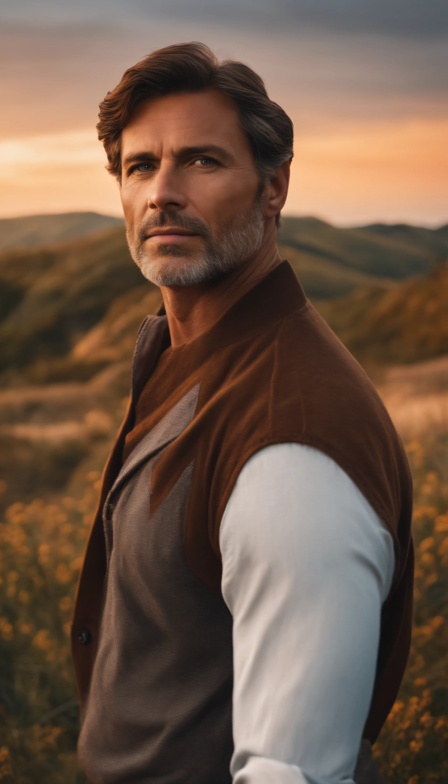 um homem, brown hair, curto, 45 anos em bela paisagem, forma realista