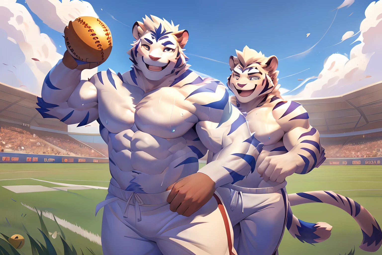 Hominidae, Pose for Camera. 4K, high resolution, Best quality, posted on e621, (Two anthropomorphic white tigers:1.2), Anthropomorphic white tiger, male people, 20yr old, Thick eyebrows, Light blue stripes, shaggy, Strong body, large pecs, ((Shirtless)), They play softball together, Pink milk clusters, sweat leggs, White leggings sweatpants, Slight bulge, on a grassy field, (sport, Muscular, Heavyweight:1.2), Correct anatomy, (White background, Watercolor background:1.1), (by Chunie, author：Taran Fidler:0.8), (Detailed eyes:1.2), Sexy, (cel-shaded:1.2), cartoon shading, (aquarelle:1.2), having fun, Be red in the face, (view the viewer:1.2), Look ahead
