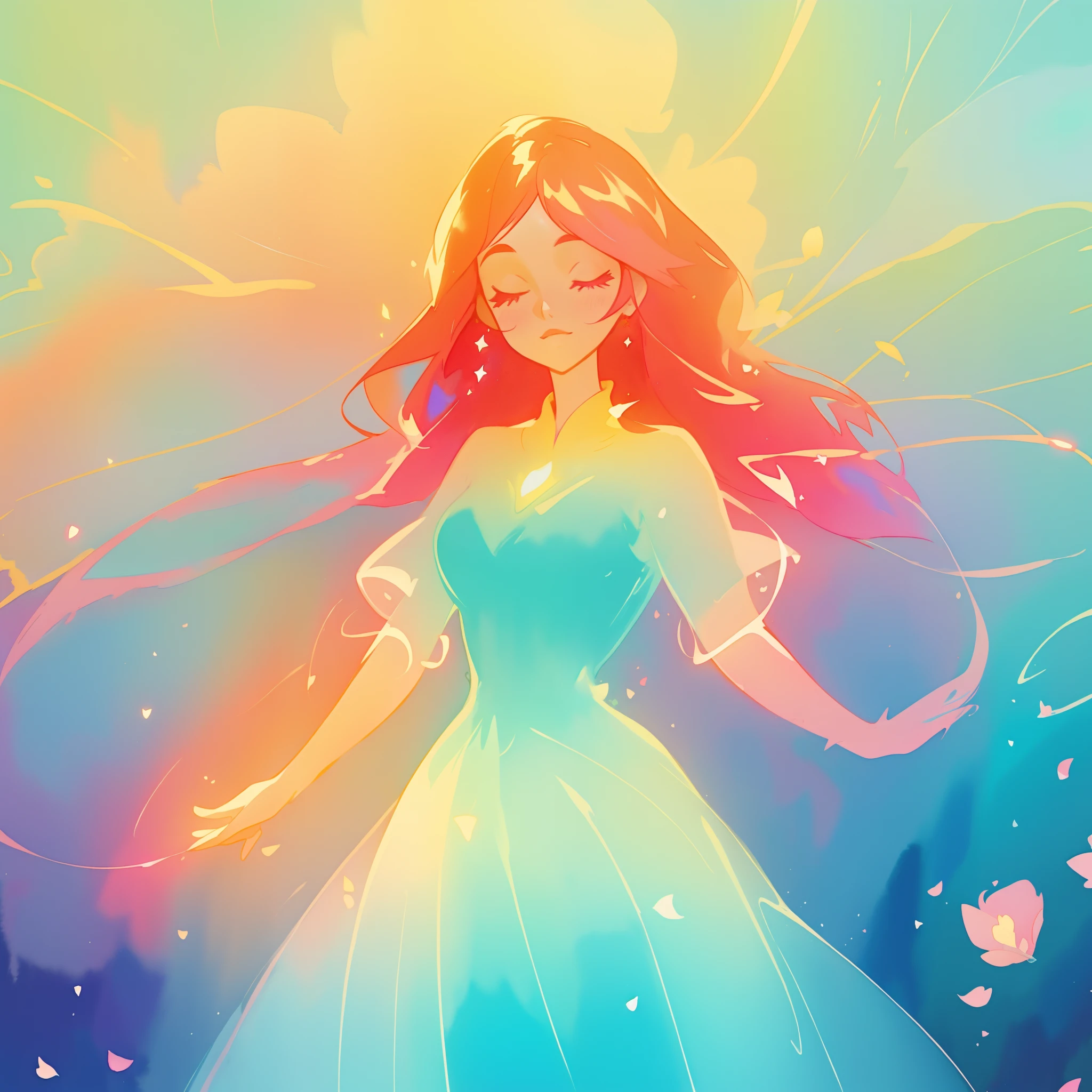 beautiful girl in puffy sparkling ballgown, long red and pink hair, colorful fantasia background, watercolor illustration, inspired by Glen Keane, inspired by Lois van Baarle, disney art style, by Lois van Baarle, glowing aura around her, by Glen Keane, jen bartel, glowing lights! digital painting, flowing glowing hair, glowing flowing hair, beautiful digital illustration, fantasia otherworldly landscape plants flowers, beautiful, masterpiece, best quality, anime disney style