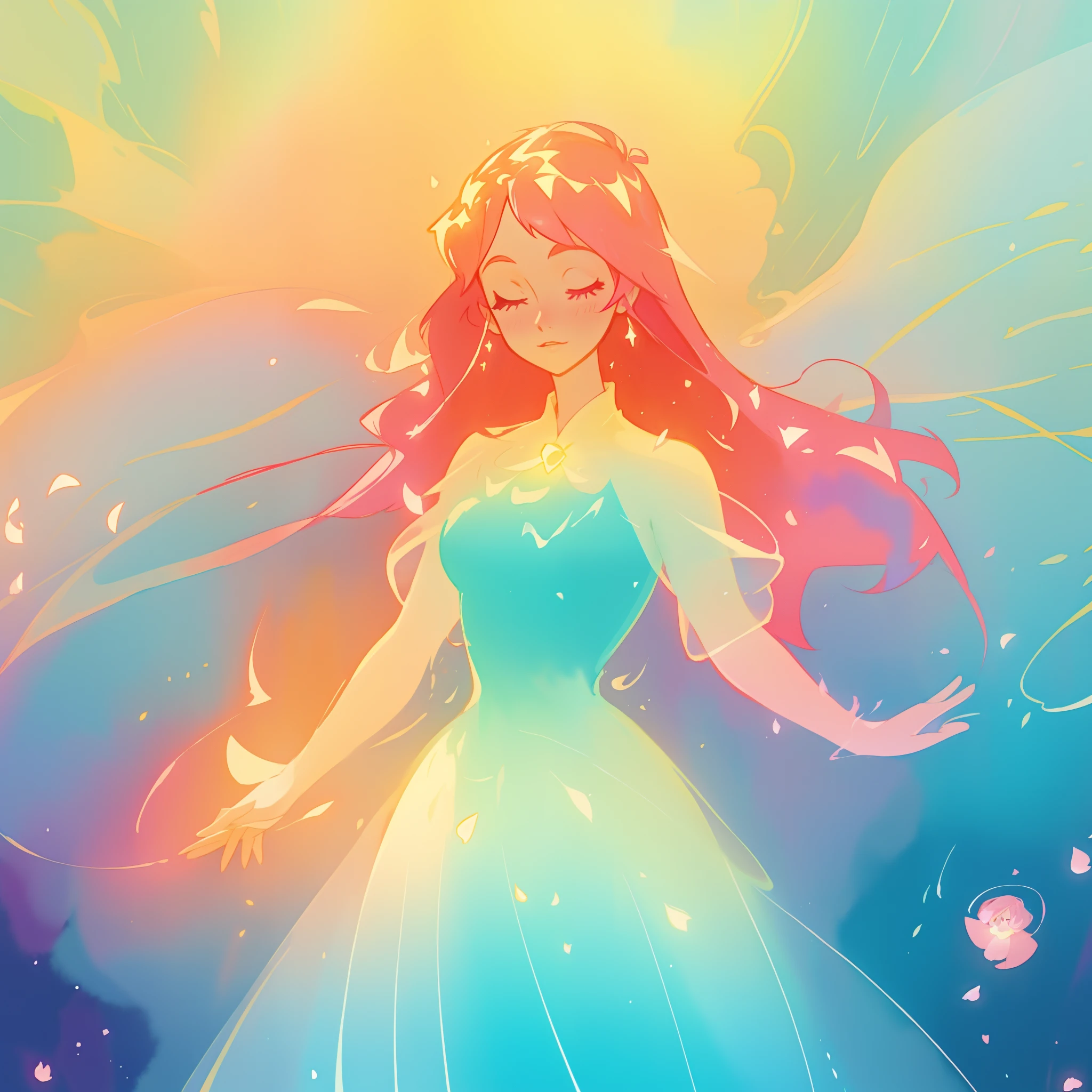 beautiful girl in puffy sparkling ballgown, long red and pink hair, colorful fantasia background, watercolor illustration, inspired by Glen Keane, inspired by Lois van Baarle, disney art style, by Lois van Baarle, glowing aura around her, by Glen Keane, jen bartel, glowing lights! digital painting, flowing glowing hair, glowing flowing hair, beautiful digital illustration, fantasia otherworldly landscape plants flowers, beautiful, masterpiece, best quality, anime disney style