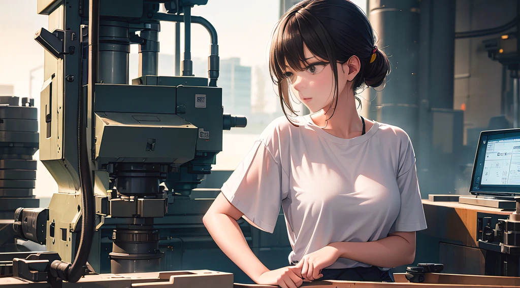 longshot、Looking away, high-detail、factories、In front of the machining center、(T-shirt wet with oil and sticking to the chest)、Female worker caring about her shirt、wearing hat