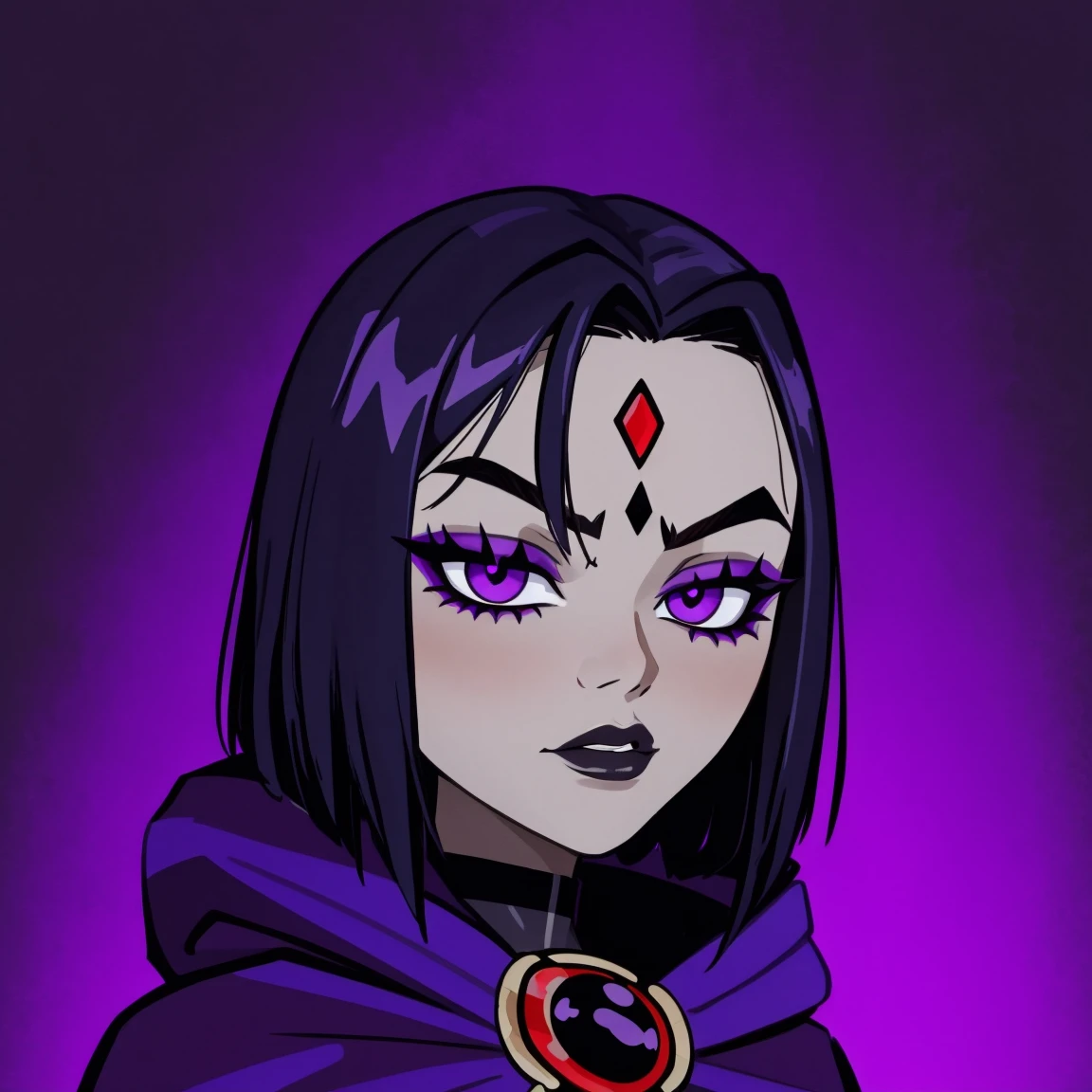 Raven,  titans, hooded, goth girl, autumn forest background, detailed, detailed, detailed, beautiful, detail, goth girl, masterpiece, purple clothes, red jewel centre head, dark night background, gothic, goth, goth, detailed, goth girl, piercings, detailed face, looking viewer, raven, (Dark eye shadow) dark eye shadow, black eye shadow,