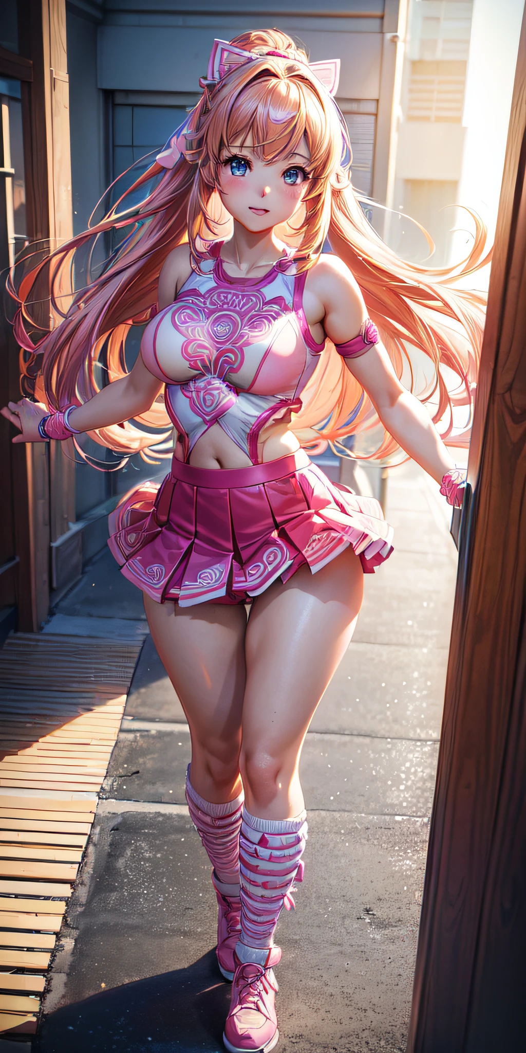 (((professional: step by step, final result god level))): "Anime girl in pink cheerleader costume posing, Anime CG soft art, Highly detailed Artgerm, Best 4K anime, Detailed digital anime art, Trending on ArtStation Pixiv, Anime Moe art style, Digital anime art, ArtStation Pixiv, (((intricate details, no underwear)))"