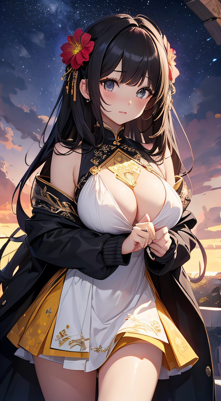 masterpiece、Background with((kosmos、meteors、black hole、Flower garden with luminescent flowers))、About 20 years old、a beauty girl、huge tit、It's so big that it almost overflows from your clothes、Great embroidery on a yellow mini dress with slits、No Shoulder、Exposing the chest、hair adornments、heavy wind、