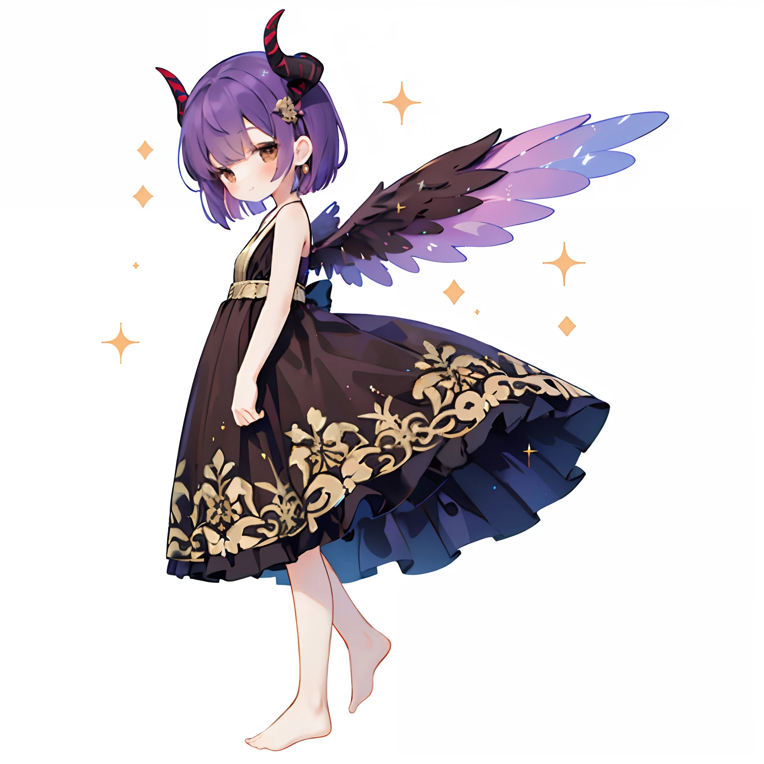 1girl in, Solo, Barefoot, Hair Ornament, Smile, Dress, Horns, White background, Simple background, Brown eyes, hair clips, White Dress, Short hair, blush,, From the side、 Purple hair, Looking at Viewer, Arms up, Standing, Closed mouth, child, Wings, with floral pattern, (Glitter),, Night light