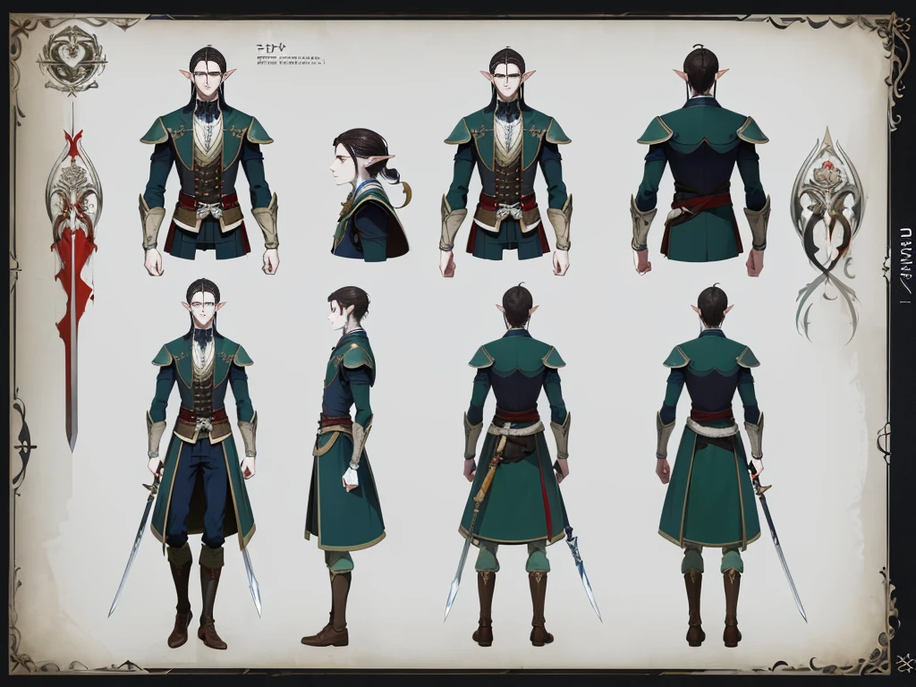 ((Masterpiece, Highest Quality)), Detailed Face, Character design sheet, full bodyesbian, Full of Details, frontal view, Rear view of the torso, Highly detailed, depth, many details, ((character concept art)), ((Character design sheet, same character, front, side)) Video game character design, Rolois, half-elf, Arrogant, Dark hair, waistcoat, long sleeves, pale skin, sword, scar on face
