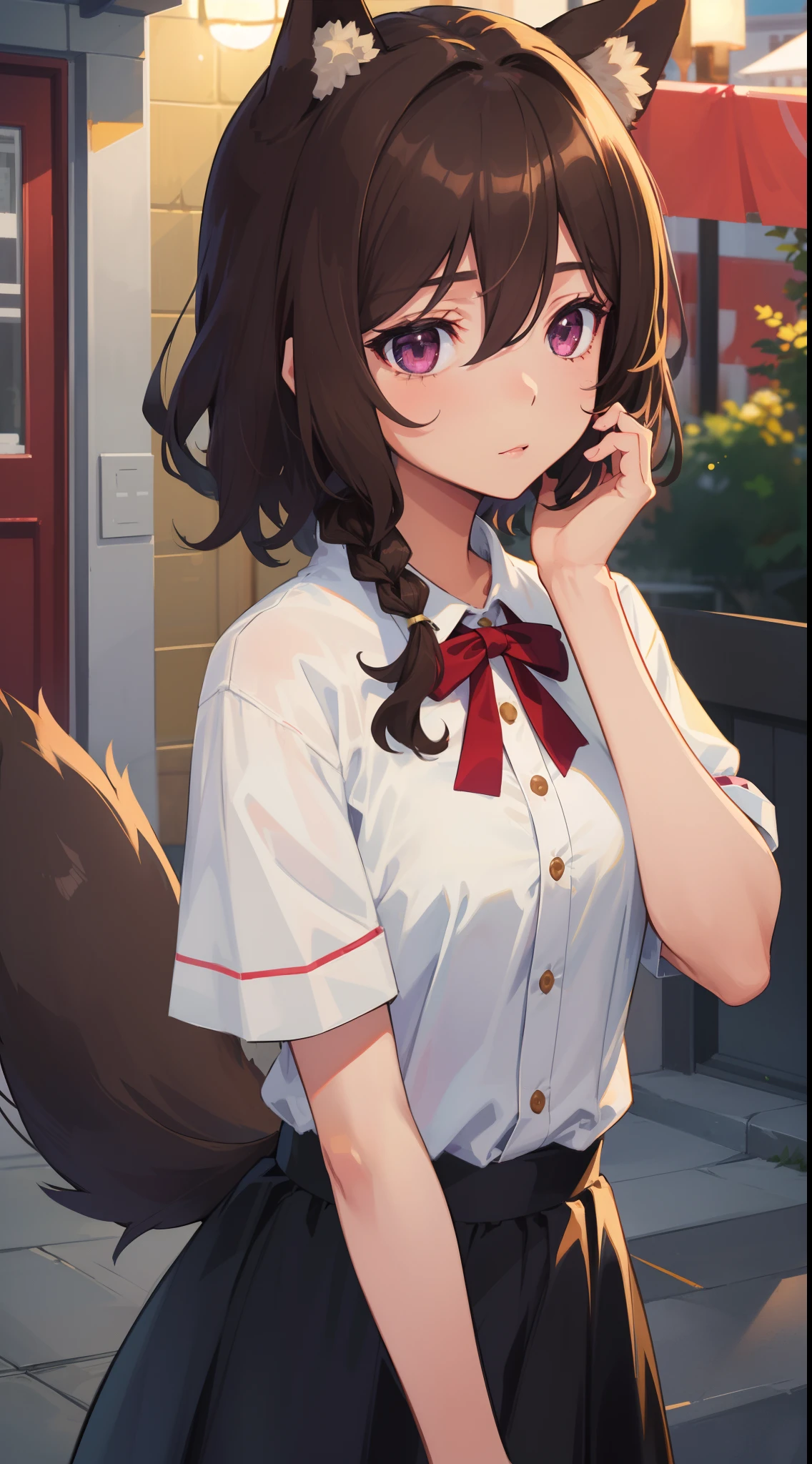 1girl, solo, (masterpiece, best quality:1.4), extremely detailed face, perfect lighting, nice hands, perfect hands, naaza erisuis, naazadef, hair between eyes, dog ears, dog tail, dog girl, brown hair, short hair, braid curly hair, purple eyes, in frame, centered, black skirt,