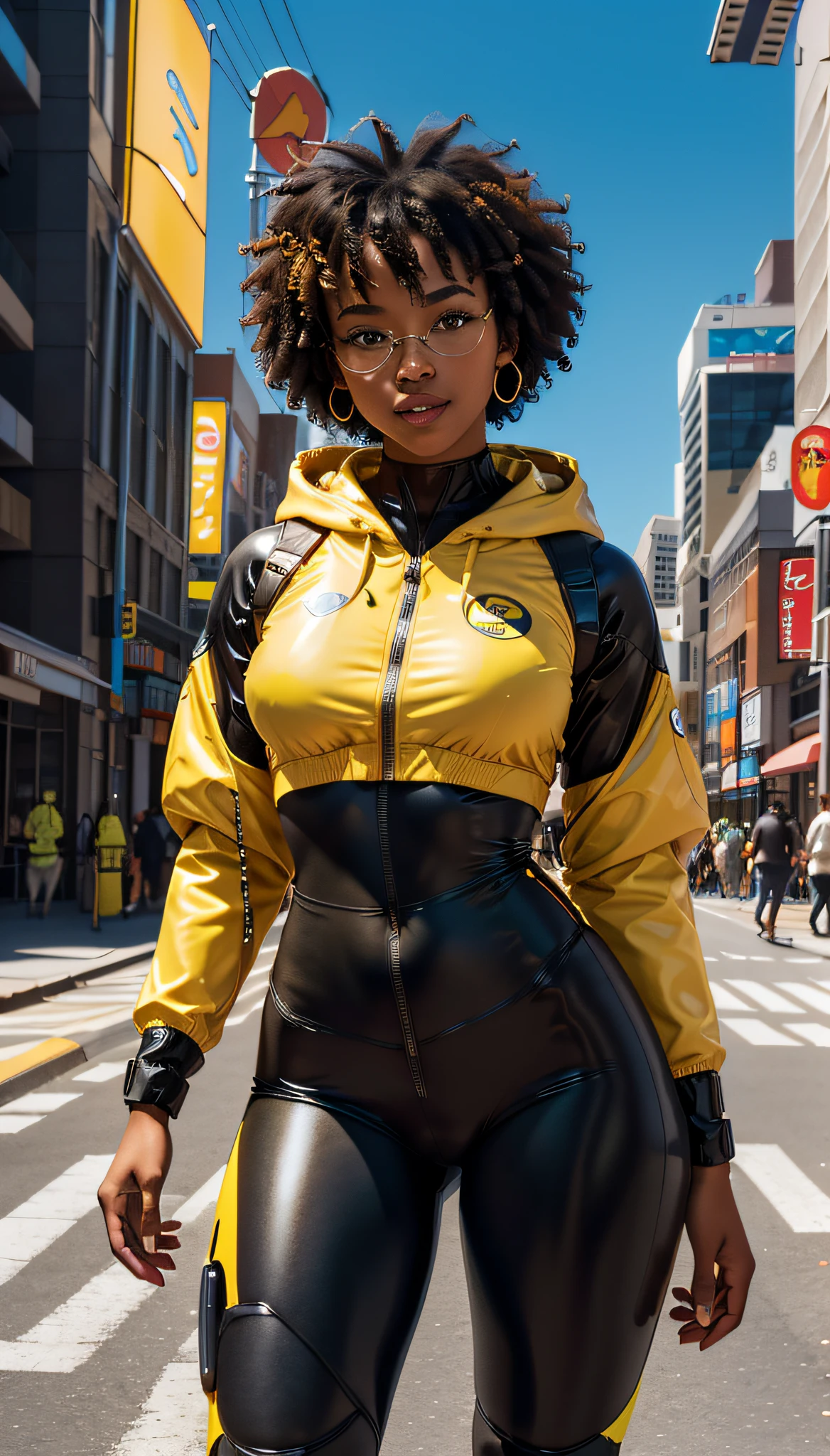 RAW, Masterpiece, Super Fine Photo, Ultra High Resolution, Photorealistic, Sunlight, Full Body Portrait, Stunningly Beautiful, Dynamic Poses, Delicate Face, Vibrant Eyes, solo, deep ebony 1girl, black girl, beautiful face, curly afro hair, black lips, a female character is wearing a yellow and black colored outfit with a backpack and a yellow hoodie jacket, black, yellow and white sports leisure, yellow futuristic smart goggles, clear lens, green eyes, long hair, diamond earrings, cybernetically enhanced, medium breasts, she is standing in front of spaceships and satellites, starry night sky, pigeoncore, neo-dadaist, Asuka Langley, neon genesis EVA suit, mechanized precision, space crew member, she holds an important position, in crowd spectator at a tech conference in the style of mecha sci-fi anime, 8k, best quality, highres, Unreal Engine:1.4,Ultra-realistic 64K CG, Photorealista:1.4, Skin Texture:1.4, Volumetric fog, 8k uhd, dslr, high quality, film grain, fair skin, photorealism, lomography, sprawling metropolis in a futuristic dystopia, view from below, translucent