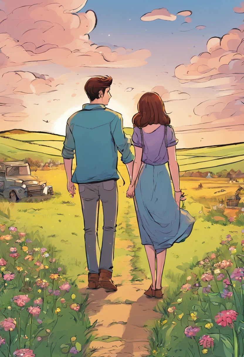 Cartoon of a couple standing in a field holding hands, Cute cartoon, Cartoon Cute