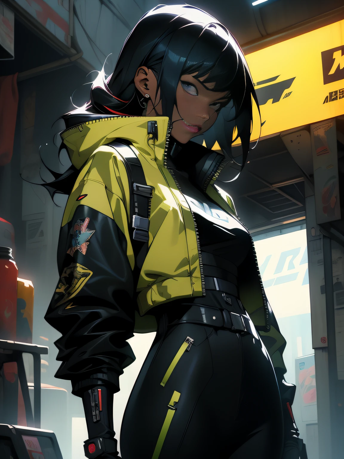 there is a woman in a yellow jacket and black pants, cyberpunk art inspired by Krenz Cushart, trending on Artstation, afrofuturism, digital cyberpunk anime art, artgerm and atey ghailan, wojtek fus, ross tran 8 k, anime cyberpunk art, digital cyberpunk - anime art, cyberpunk anime art, rossdraws cartoon vibrant
