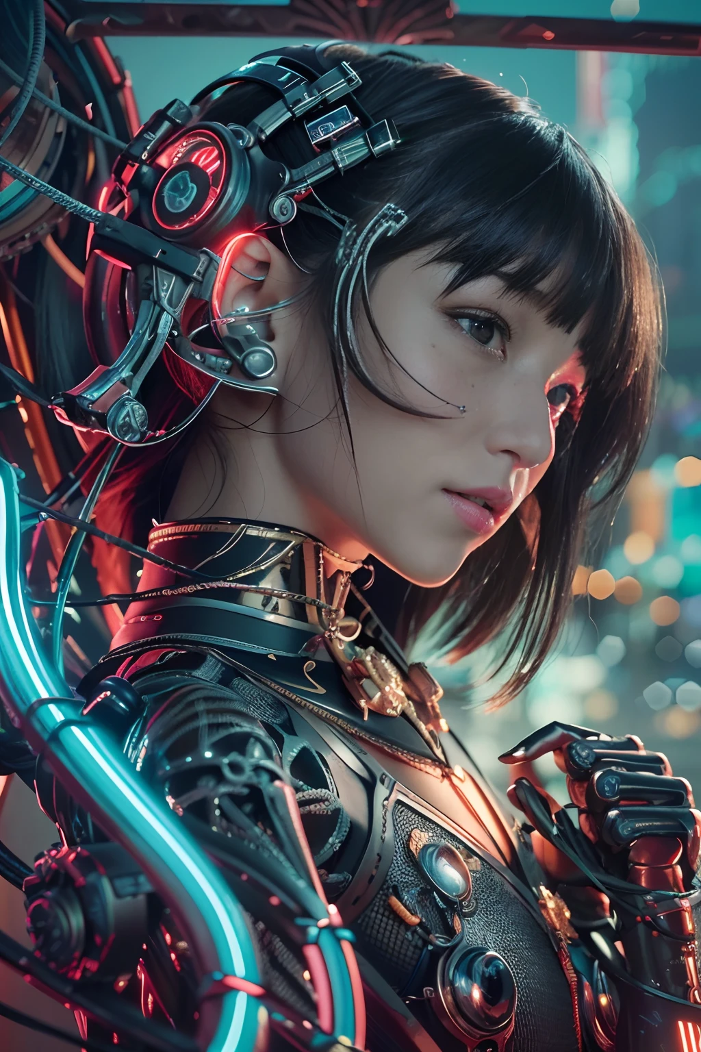 of the highest quality, masutepiece, 超高分辨率, ((Photorealistic: 1.4), RAW photo, 1 girl, Black hair, Glossy glossy skin, 1 mechanical girl, (Super realistic details)), Cinematic lighting, Deep shadows, Octane rendering, 8K, ultrasharp, The kinky is exposed, metal, Intricate Ornament Details, egypician detail, highly intricate detail, Realistic light, Trends in CG, Facing the camera, neon light detail, Mechanical limbs, blood vessels attached to the tube, Mechanical vertebrae attached to the back, mechanical cervical attachment to the neck, wires and cables connecting to head, Evangelion, Small luminous lamps, (Dazzling cyberpunk city streets in the background).
