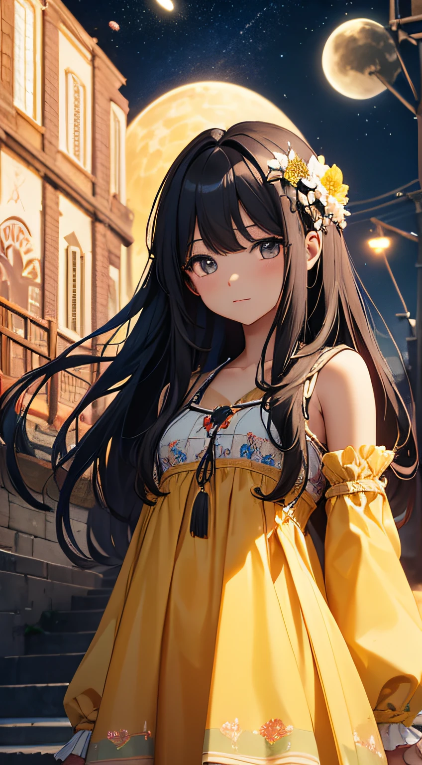 masterpiece、Background with((kosmos、meteors、black hole、Flower garden with luminescent flowers))、About 20 years old、a beauty girl、huge tit、It's so big that it almost overflows from your clothes、Great embroidery on a yellow mini dress with slits、No Shoulder、Exposing the chest、hair adornments、heavy wind、pantiy、I can see a little