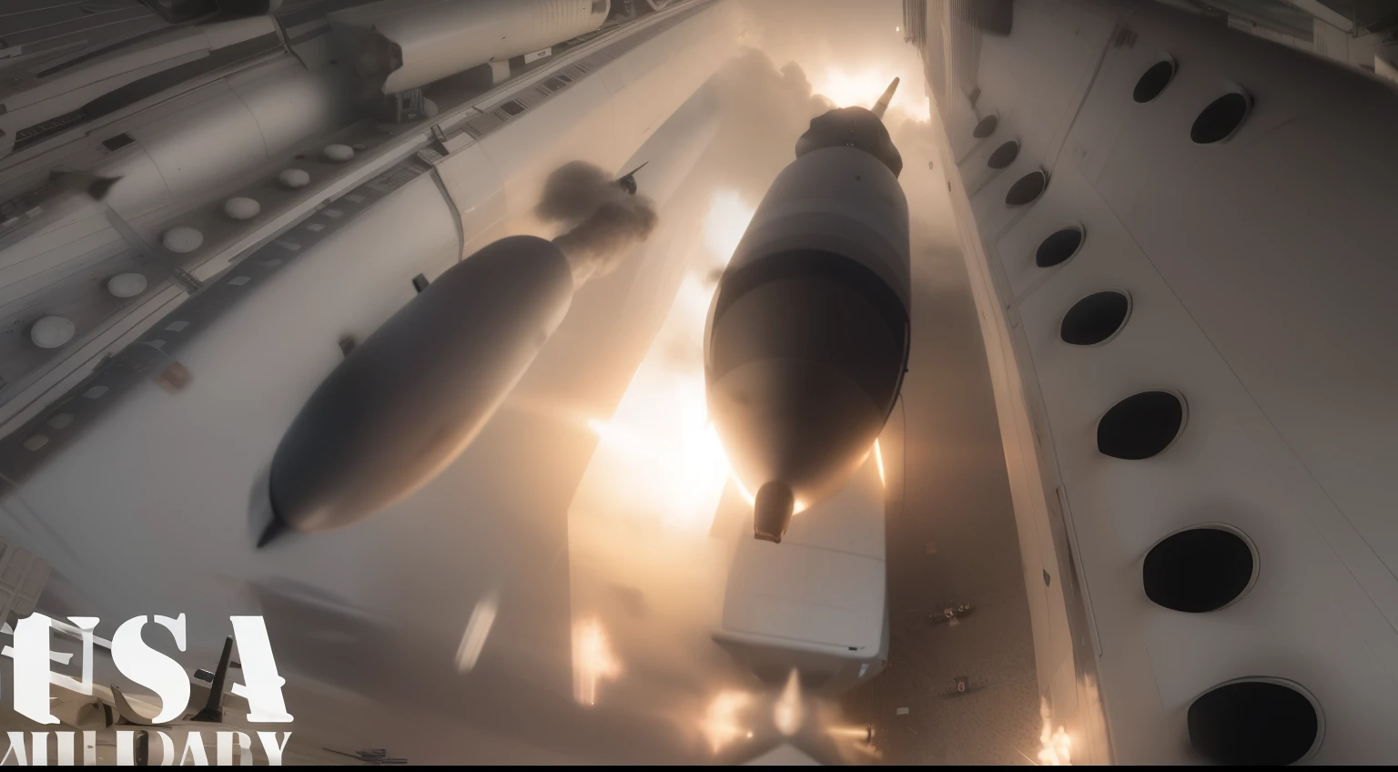 Close-up of a bunch of bombs planted on an airplane, missiles, Armor-piercing missiles, pov shot, nffsw, bomb, Launch-tracked missiles, bullet shells flying, Cruise missile attack, Epic Full Shot, On nuclear submarines, rocket launcher, striking perspective, Missile explosion in the sky, Shot from below, [ Overhead view ]!, GoPro Shots in Hell
