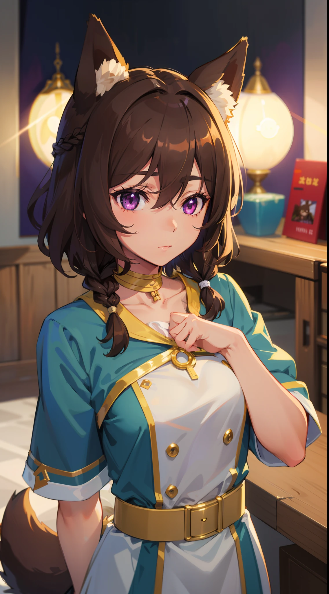 1girl, solo, (masterpiece, best quality:1.4), extremely detailed face, perfect lighting, nice hands, perfect hands, naaza erisuis, naazadef, hair between eyes, dog ears, dog tail, dog girl, brown hair, short hair, braid curly hair, purple eyes, in frame, centered.