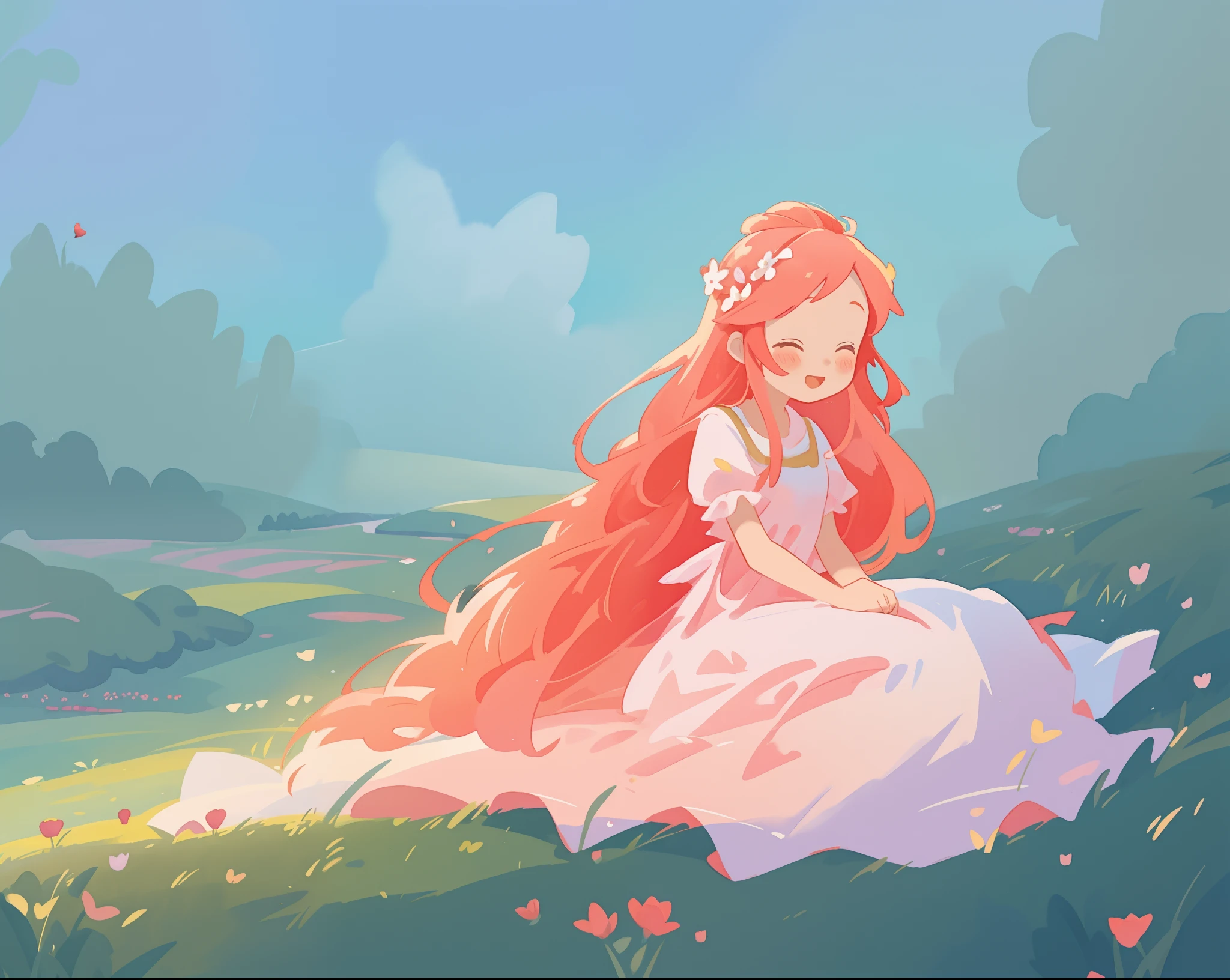 beautiful girl in white flowing dress, long flowing red pink gold hair, wide open field meadow background, watercolor illustration, disney art style, beautiful digital illustration, fantasia otherworldly landscape plants flowers, beautiful, masterpiece, best quality, anime disney style