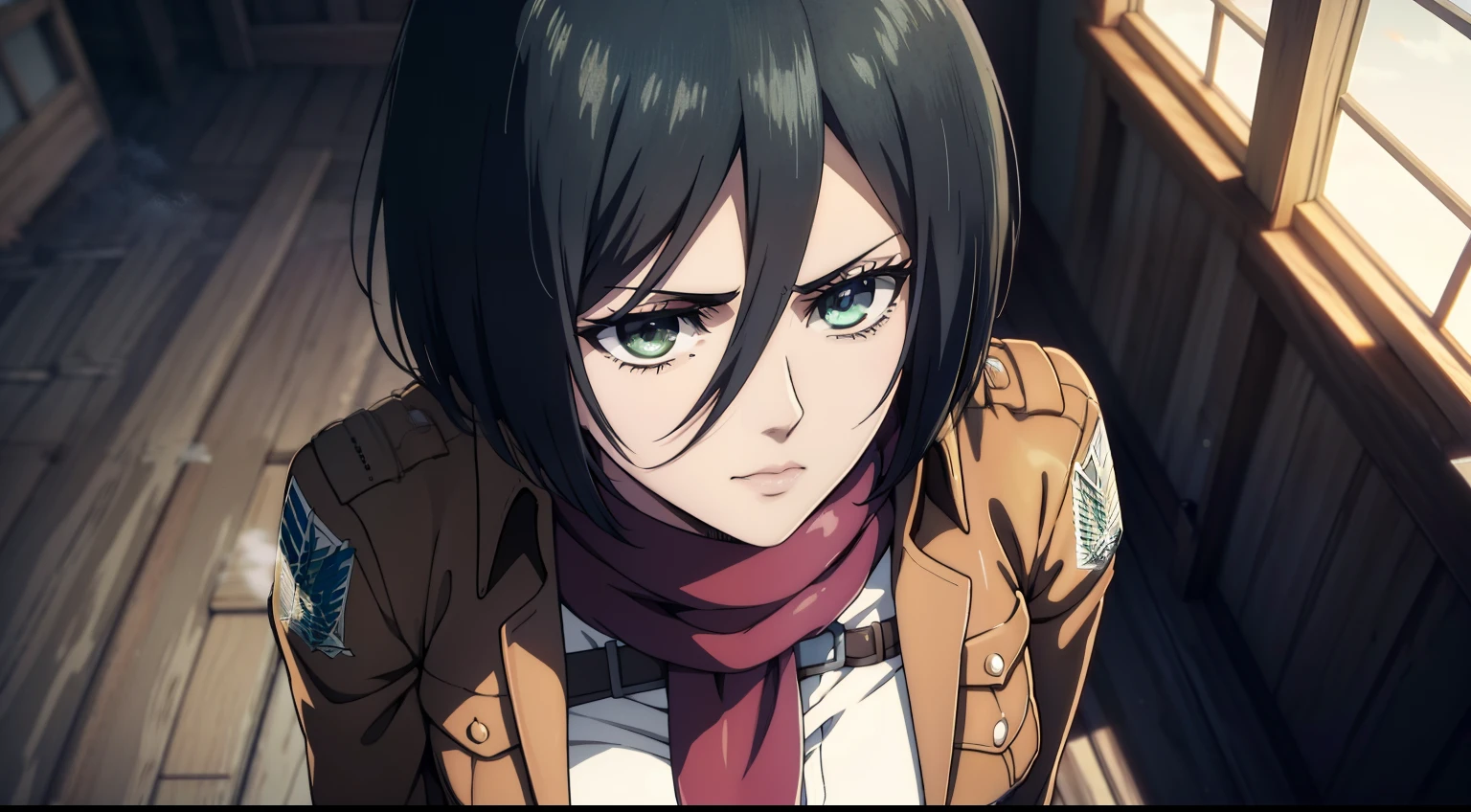 aot style, Shingeki no Kyojin, mikasa ackerman, 1girl,(Body Full 1.1), Hand strap, quiff, black  hair, Black pants, 가슴, green colored eyes, gray background, Hair between the eyes, turnstile, long sleeves, looks at the viewer, Average Breasts,, breeches, red scarf, a scarf, Shirt, Short Hair Hair, Smoke, 独奏, hip belt, brown jacket, white  shirt, Scientific Research Building \(Emblem\), ((tmasterpiece)), beste-Qualit, Sex, hooligan, waist, legsupms, buttocks, 가슴, (Body Full 1.1), Camera from above, Frame from above, the night, Lights, looks at the viewer, ssmile, grin, criminal, laughting, Cool anime 8K, Clean and detailed anime art, 4K Manga Wallpapers, Подробный портрет Anime Girl, Anime 4K Style, Anime Art Wallpapers 4K, Anime Art Wallpaper 4K Masterpiece, Gorgeous, Best Quality,