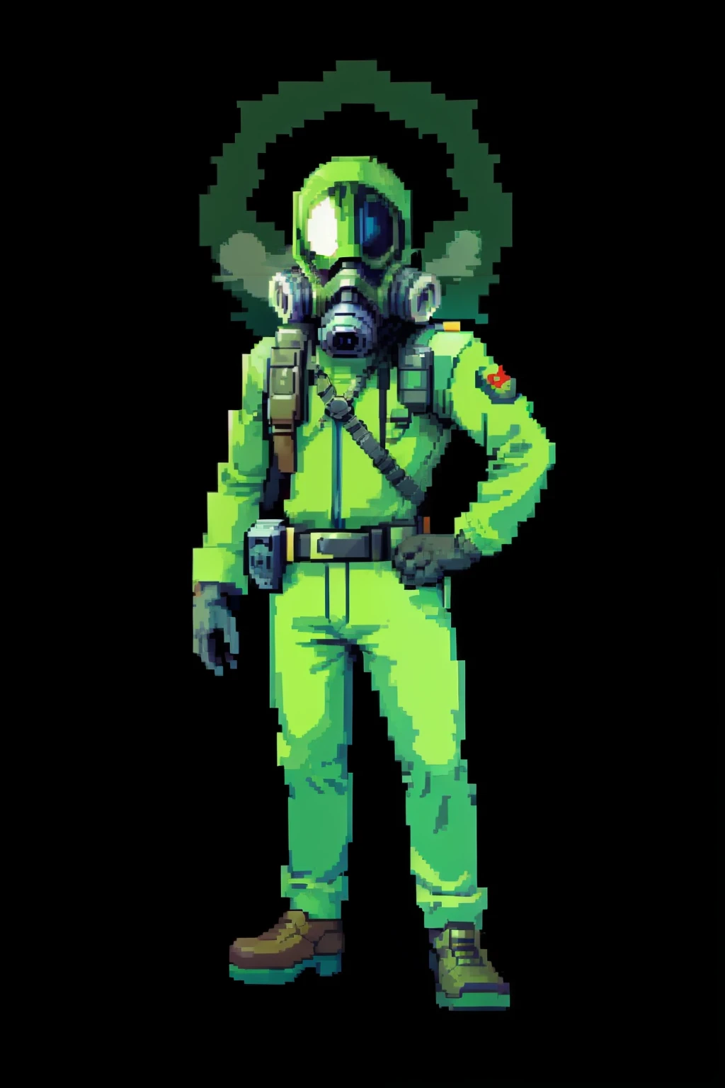 ((In the style of pixel art)), pixel, 4-bit pixel art, A man in a dark green uniform wearing a gas mask, black backdrop, Ultra-detailed pixel art
