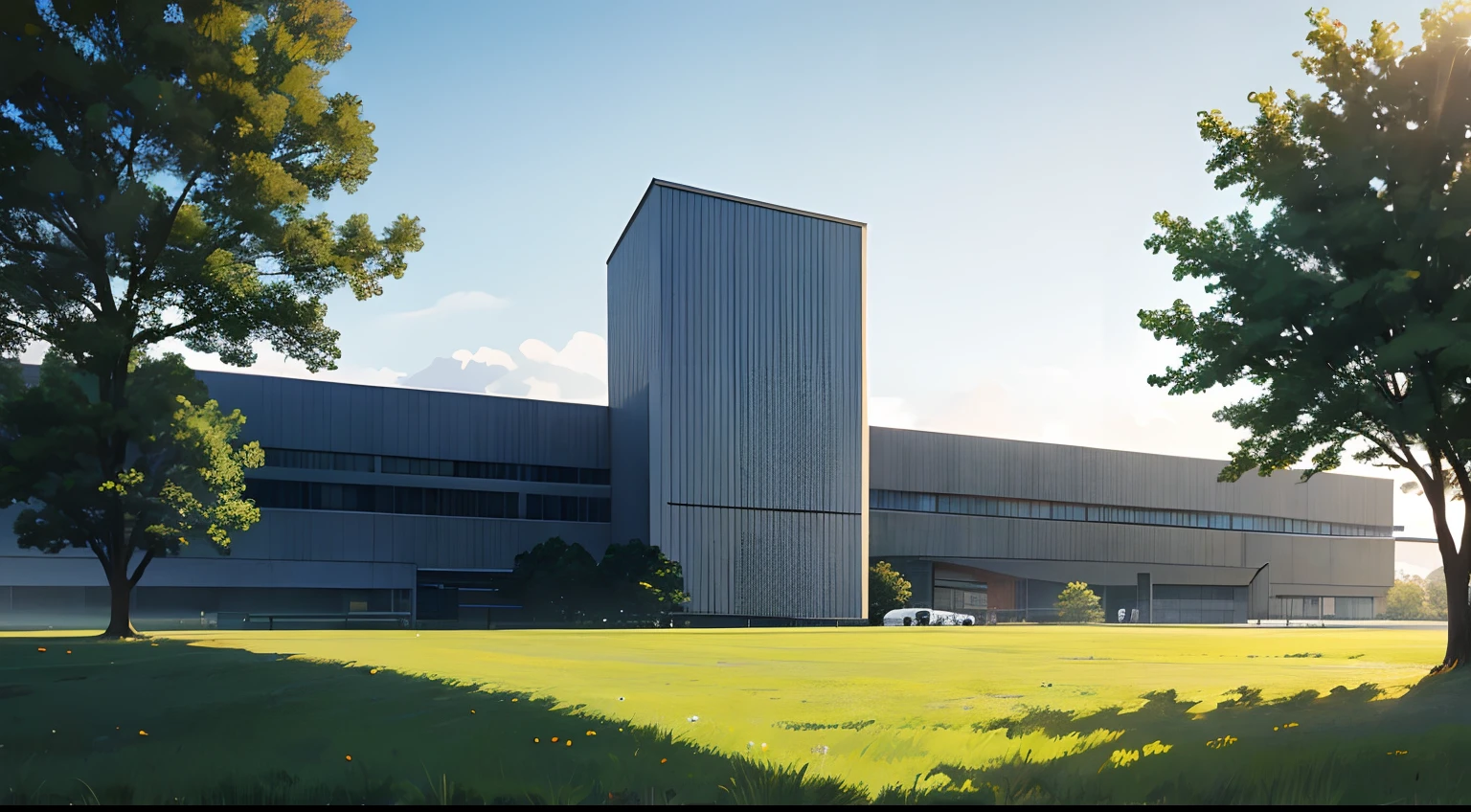 Meadow, large, wide angle, one giant concrete building, no one, far view