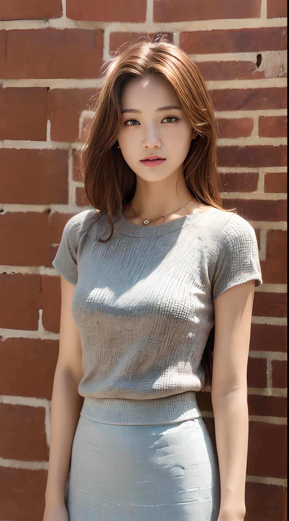 ((Brick wall、Realistic light、top-quality、8K、​masterpiece:1.3))、1girl in、A slight smil、Slim Beauty:1.4、brown haired、Grey knitted shirt、Red bean-colored long skirt、Thin Silver Necklace、A detailed eye、zoomout