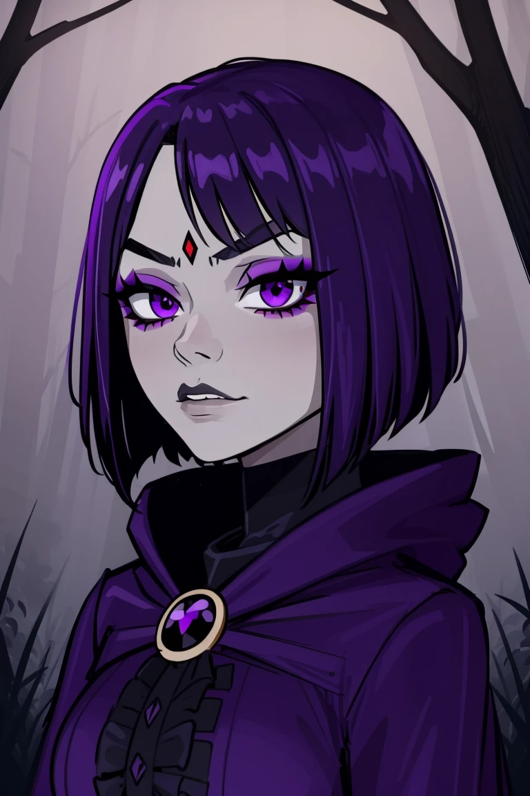 Raven, teen titans, hooded, goth girl, autumn forest background, detailed, detailed, detailed, beautiful, detail, goth girl, masterpiece, purple clothes, red jewel centre head, dark night background, gothic, goth, goth, detailed, goth girl, piercings, detailed face, looking viewer, raven, (Dark eye shadow) dark eye shadow, black eye shadow,