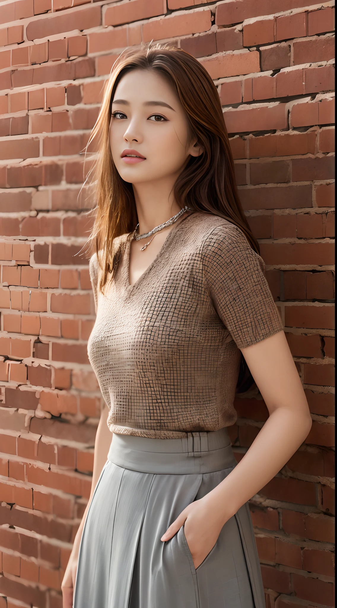 ((Brick wall、Realistic light、top-quality、8K、masterpiece:1.3))、1girl in、A slight smil、Slim Beauty:1.4、brown haired、Grey knitted shirt、Red bean-colored long skirt、Thin Silver Necklace、A detailed eye、zoomout