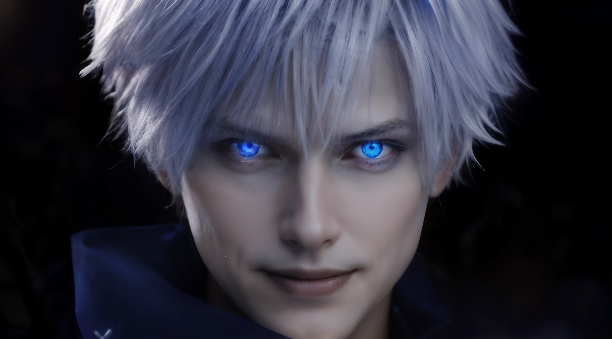 handsome man, white hair, blue glowing eyes, sinister smile, 8K, masterpiece, best quality, handsome, realistic, highly detailed face, sharp details