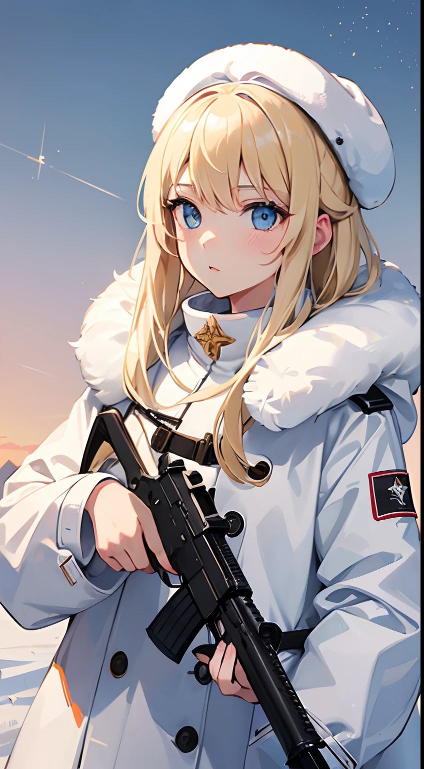 1 girl, blond, white ushanka, in snow mountain, White winter coat, white BDU, holding 1 rifle, (best quality, high resolution, perfect quality), (looking afar), blizzard, {{{high detailed rifle}}}