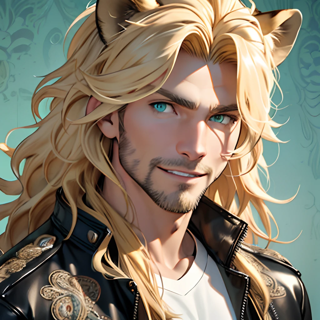 leather jacket, One male, lion ears, long hair, blond, blond hair, green eyes, tall, muscular, white shirt, beautiful face, highest quality, masterpiece, 3d, anime, perfect face, highest detail, feline eyes, stubble, lion tail, wavy hair, cowboy shot, detailed face, intricate details, paisley background, smile, solo