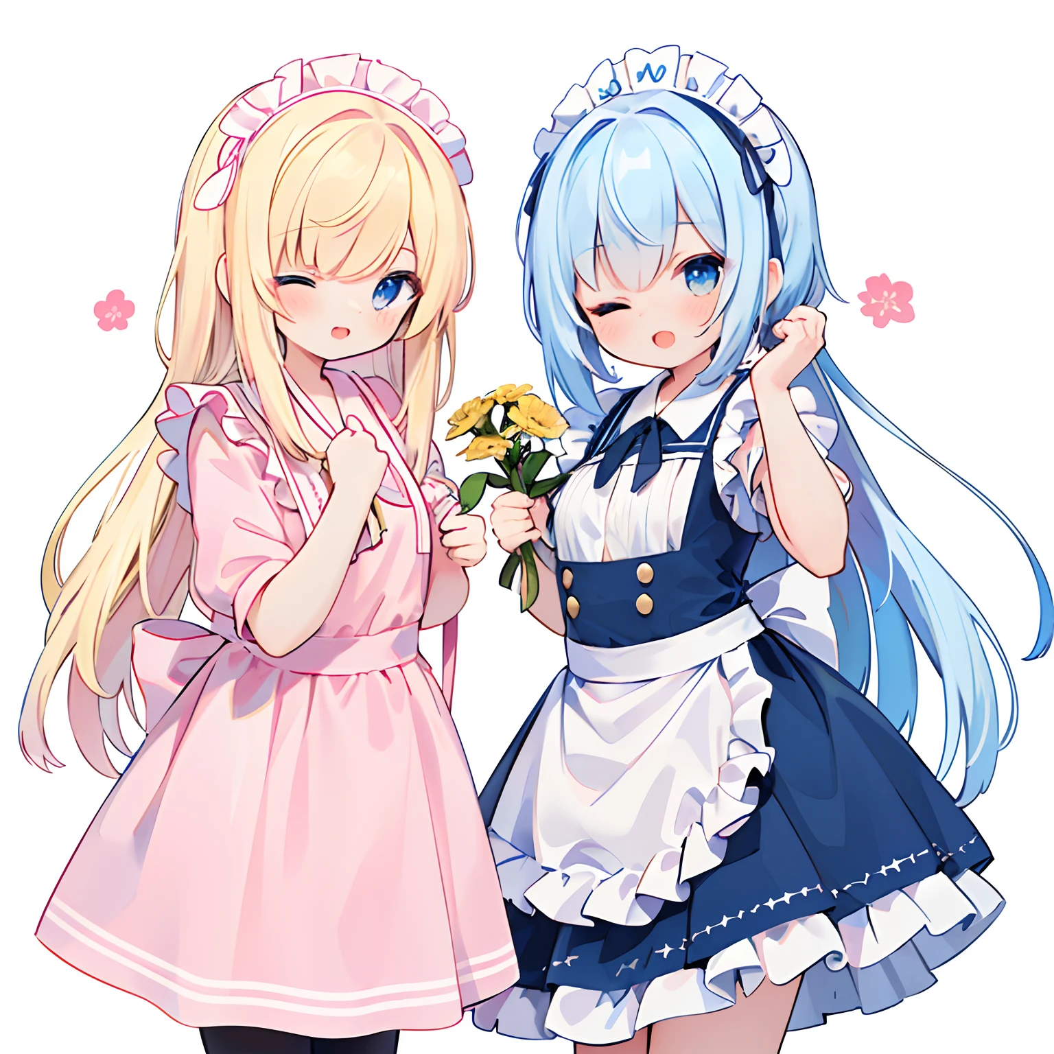 absurd-resolution, ultra-detailed, (best quality illustration), 8K, ultra high res, cowgirl shot, simple background, (flower-style background)
(3girls:1.2), side by side, (very cute, cheerful, wink, one eye closed), pink and yellow and blue maid outfit, mini-skirt, perfect hand