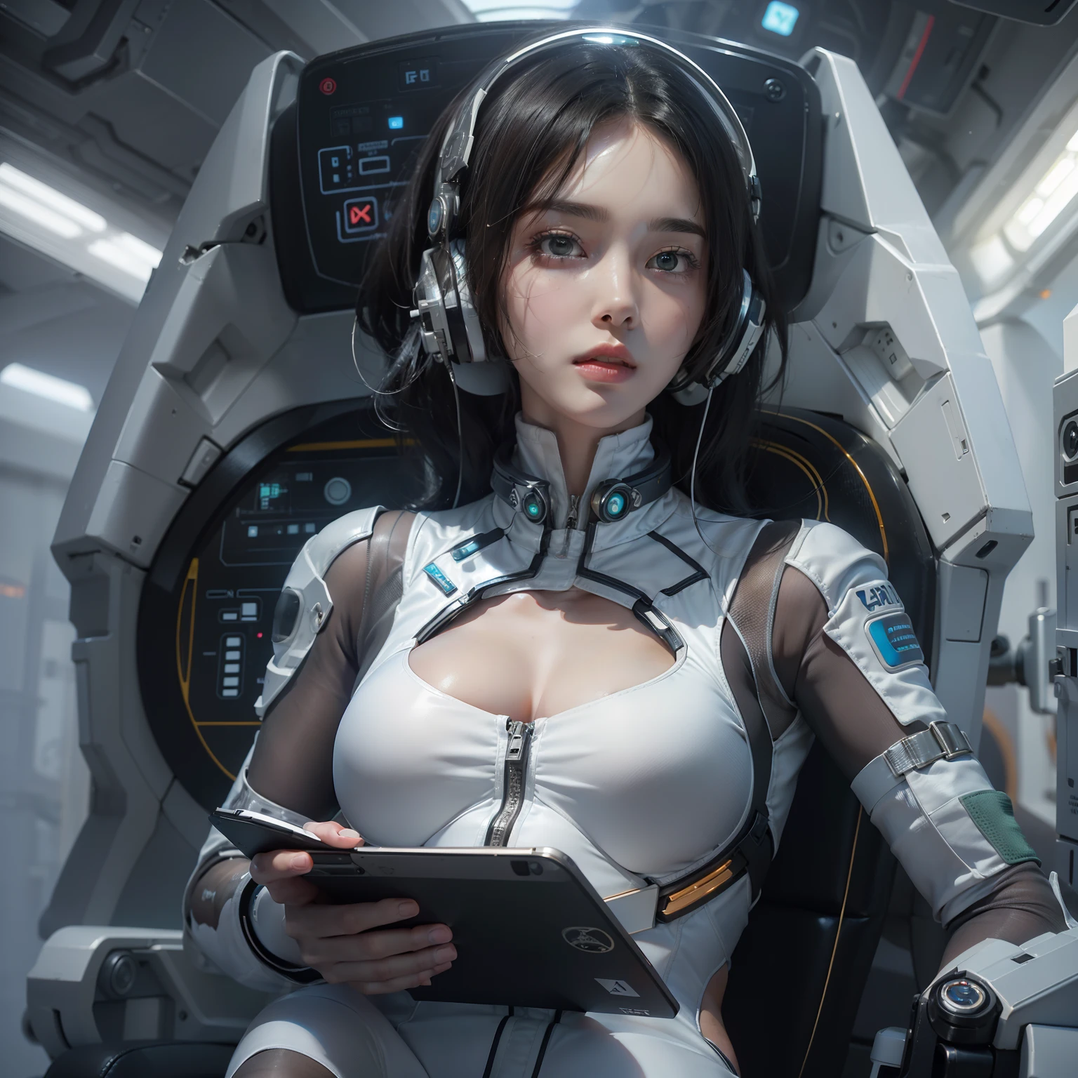 She is sitting in a futuristic armchair reading a tablet、She is pensive((Very cute woman gets sexy futuristic white thin spacesuit))。Wearing headphones、black very curly spiral short black hair,、40k、a picture、​masterpiece、top-quality、fundo cinza escuro、(Girl with green eyes and gorgeous bright black hair、Beautiful perfect face、))。a beautiful Caucasian woman with big ass full soft breasts and white skin。long legged((perfect chest:1.4))、((Very soft breasts))、hyperdetailed face、A detailed eye。in space station