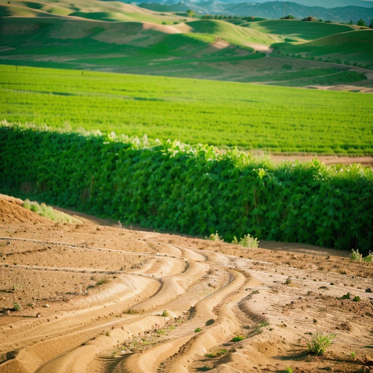 dirt surrounded by bushes, next to a crop field and further away green foothills, sunset afternoon,